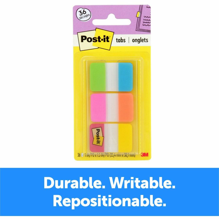 Post-it Alternating Tabs - 36 Tab(s) - 1" Tab Height x 1.50" Tab Width - Self-adhesive - Green Poly, Orange, Red, Yellow, Pink, Blue Tab(s) - 36 / Pack - 2