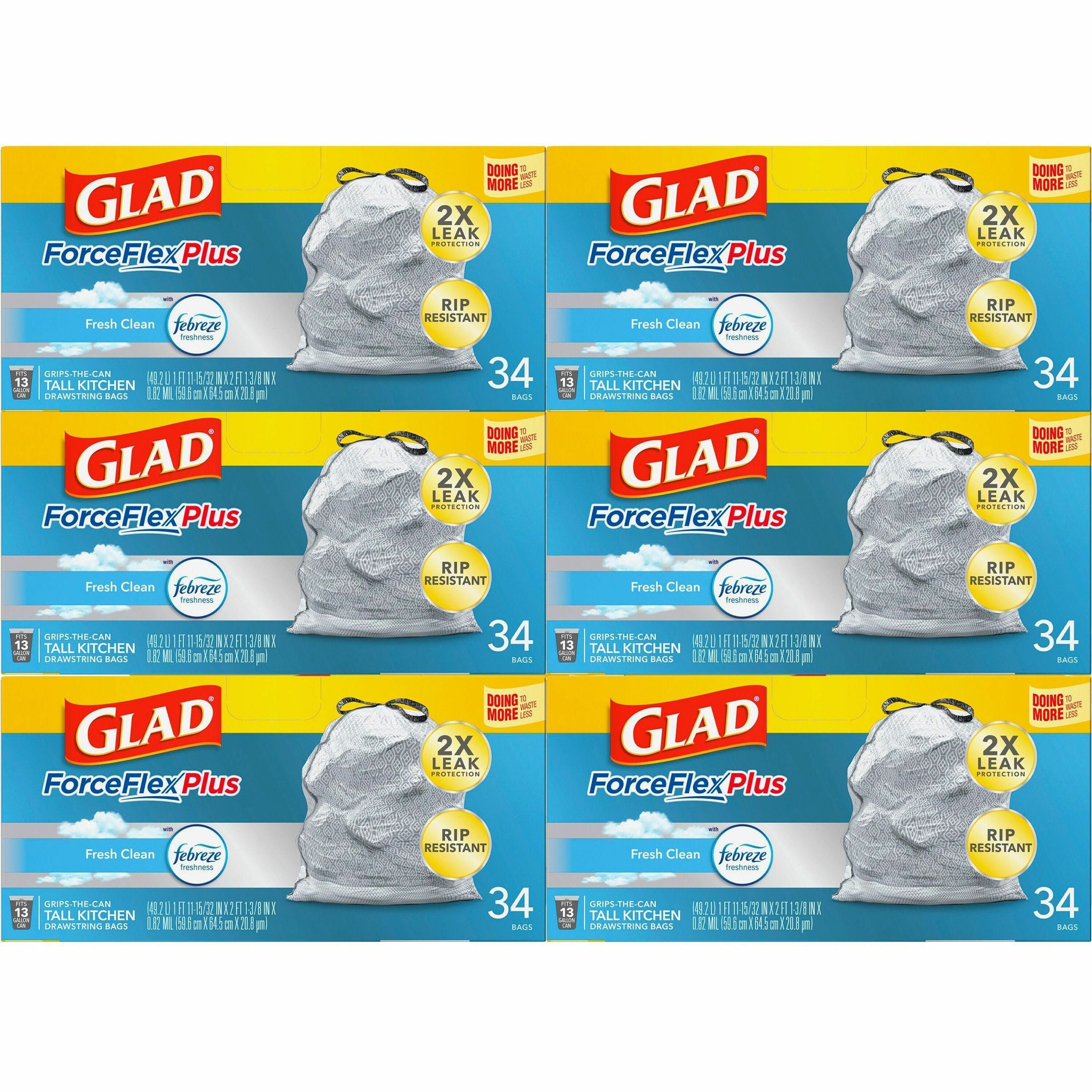 Glad ForceFlexPlus Tall Kitchen Drawstring Trash Bags - Fresh Clean with Febreze Freshness - 13 gal Capacity - 24.02" Width x 24.88" Length - 0.82 mil (21 Micron) Thickness - Drawstring Closure - Gray - 6/Carton - 34 Per Box - Kitchen - 1