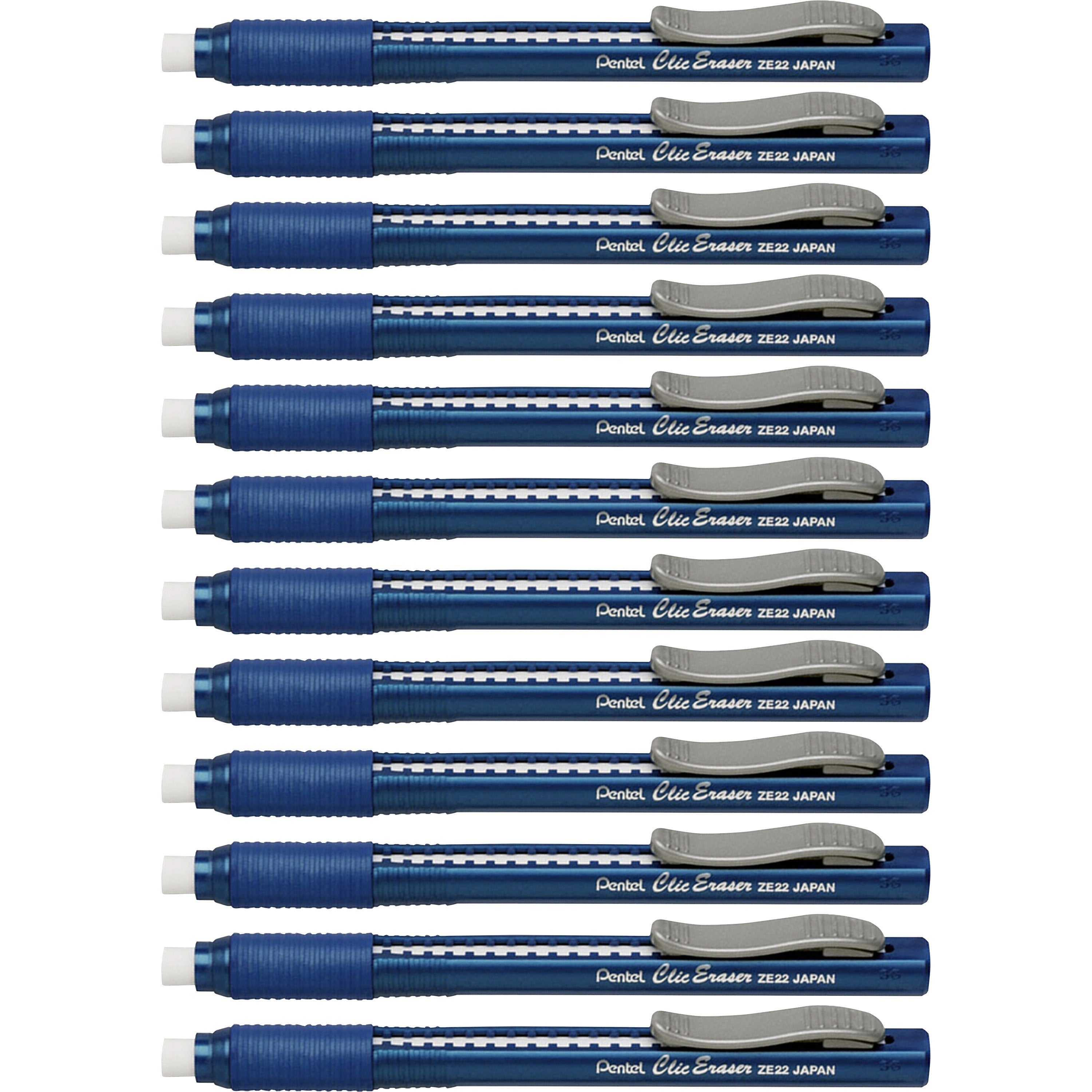 pentel-rubber-grip-clic-eraser-blue-pen-refillable-12-box-retractable-latex-free-grip-pocket-clip-ghost-resistant-non-abrasive_penze22cbx - 1
