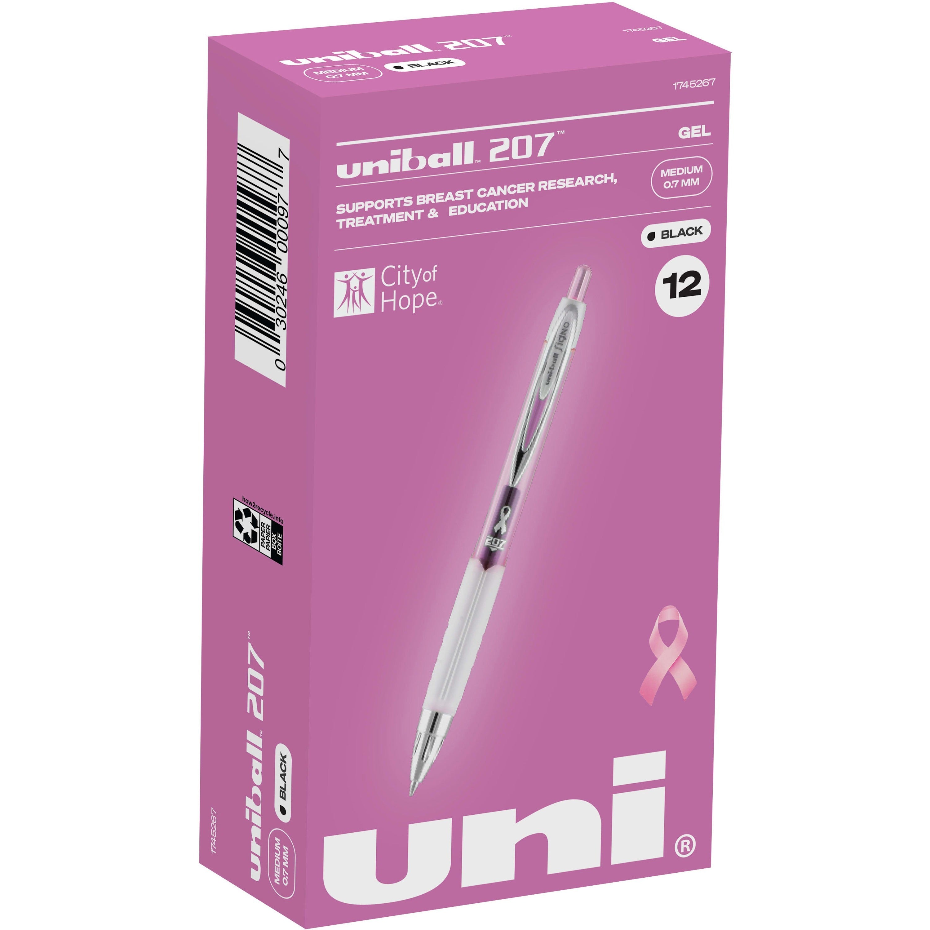 uniball-207-pink-ribbon-gel-pens-07-mm-pen-point-size-refillable-retractable-black-gel-based-ink-pink-black-barrel-12-box_ubc1745267bx - 1