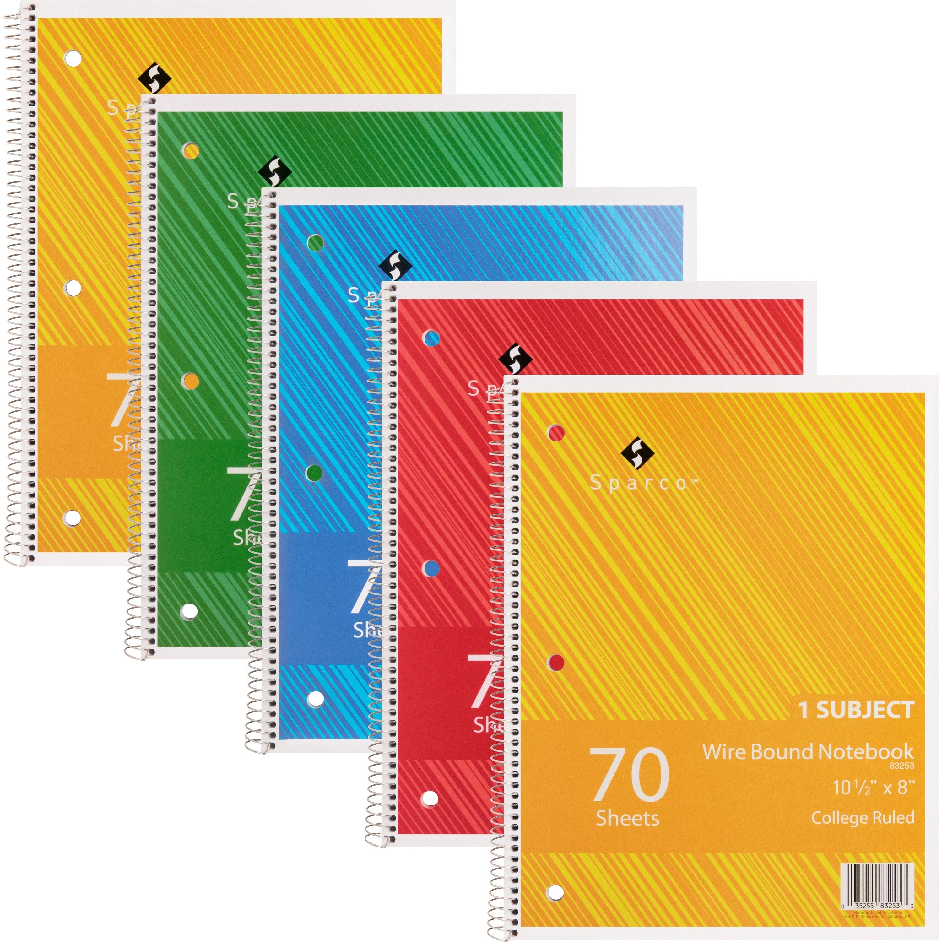 sparco-wirebound-notebooks-70-sheets-wire-bound-college-ruled-unruled-margin-16-lb-basis-weight-8-x-10-1-2-assortedchipboard-cover-subject-stiff-cover-stiff-back-perforated-hole-punched-5-bundle_spr83253bd - 1