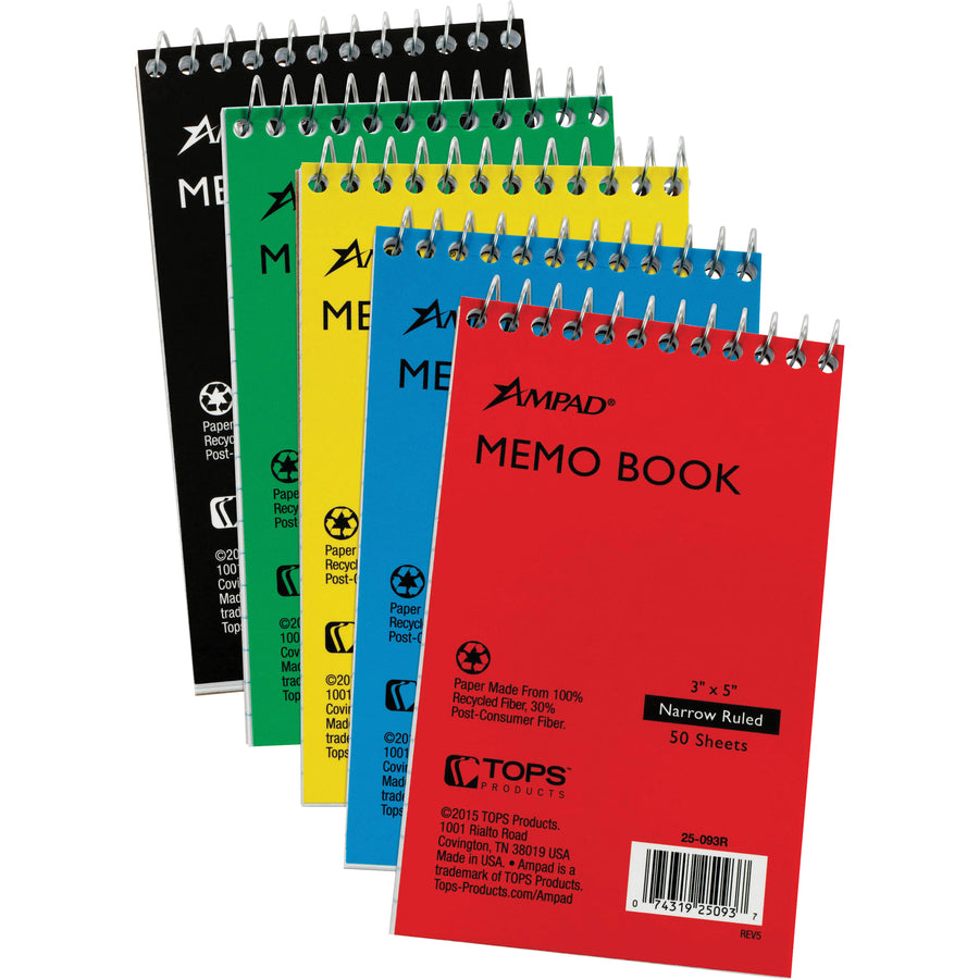 ampad-topbound-memo-notebooks-50-sheets-wire-bound-3-x-5-white-paper-assortedpressboard-cover-rigid-mediumweight-recycled-5-bundle_top25093bd - 2