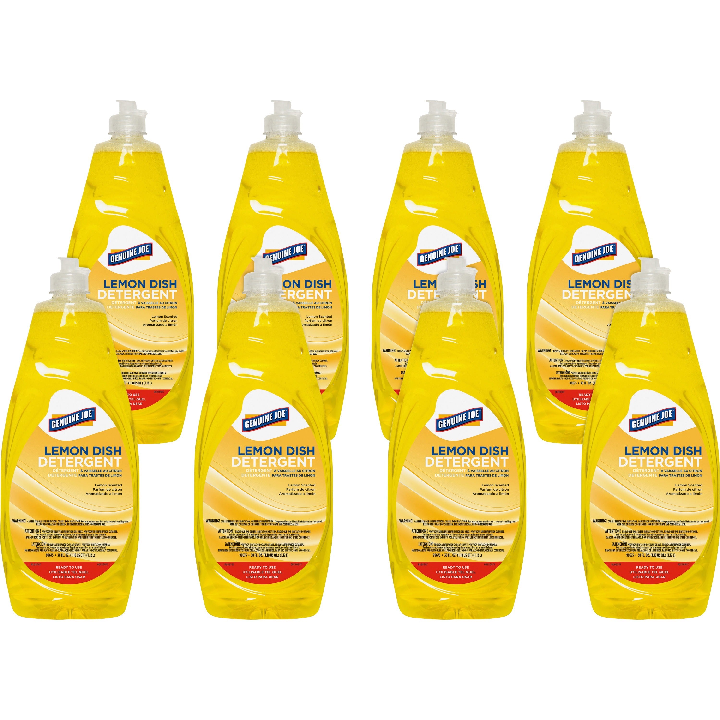 Genuine Joe Dish Detergent - For Pot - Concentrate - 38 fl oz (1.2 quart) - Lemon Scent - 8 / Carton - Heavy Duty, Durable - Yellow - 1
