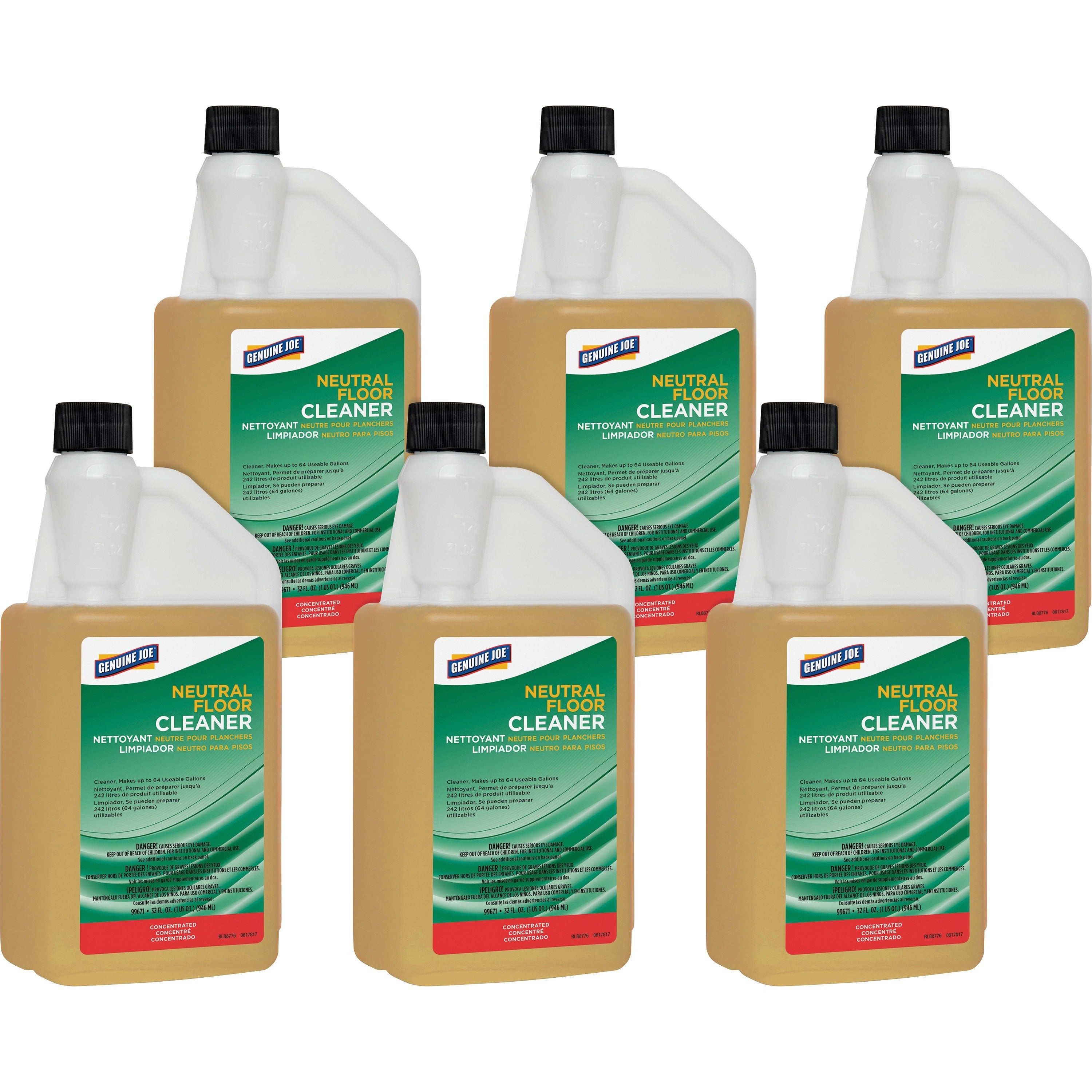 Genuine Joe Neutral Floor Cleaner - For Multi Surface - Concentrate - 32 fl oz (1 quart) - 6 / Carton - pH Neutral - Yellow - 1