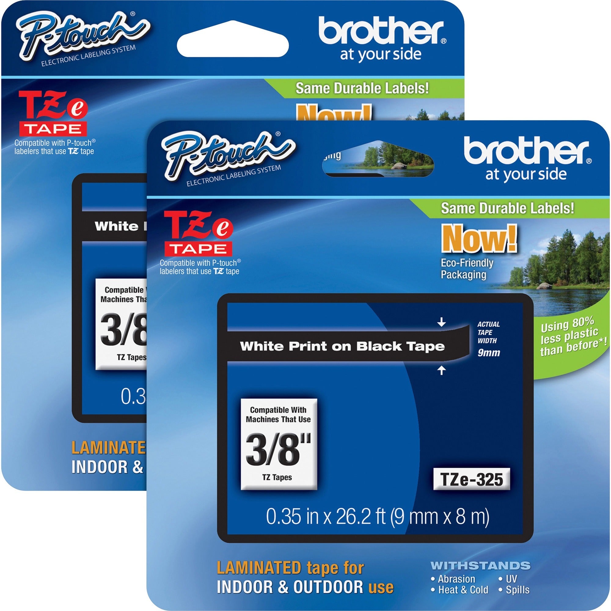 Brother P-touch TZe Laminated Tape Cartridges - 3/8" Width - Rectangle - White - Polyester Film, Polyethylene Terephthalate (PET) - 2 / Bundle - Water Resistant - Grease Resistant, Grime Resistant, Temperature Resistant
