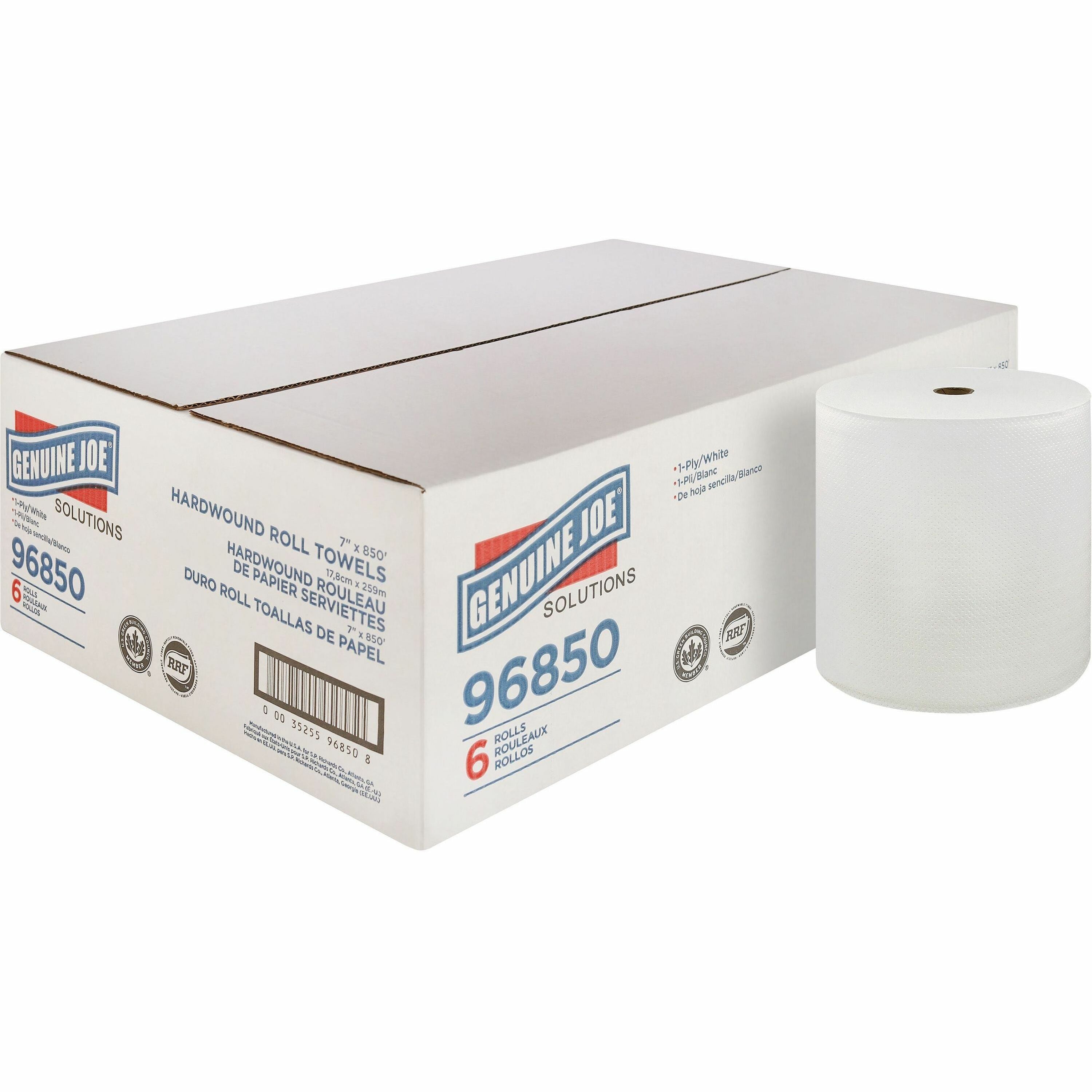 Genuine Joe Solutions Hardwound Paper Towels - 1 Ply - 7" x 850 ft - White - Embossed, Absorbent - 390 / Pallet - 1