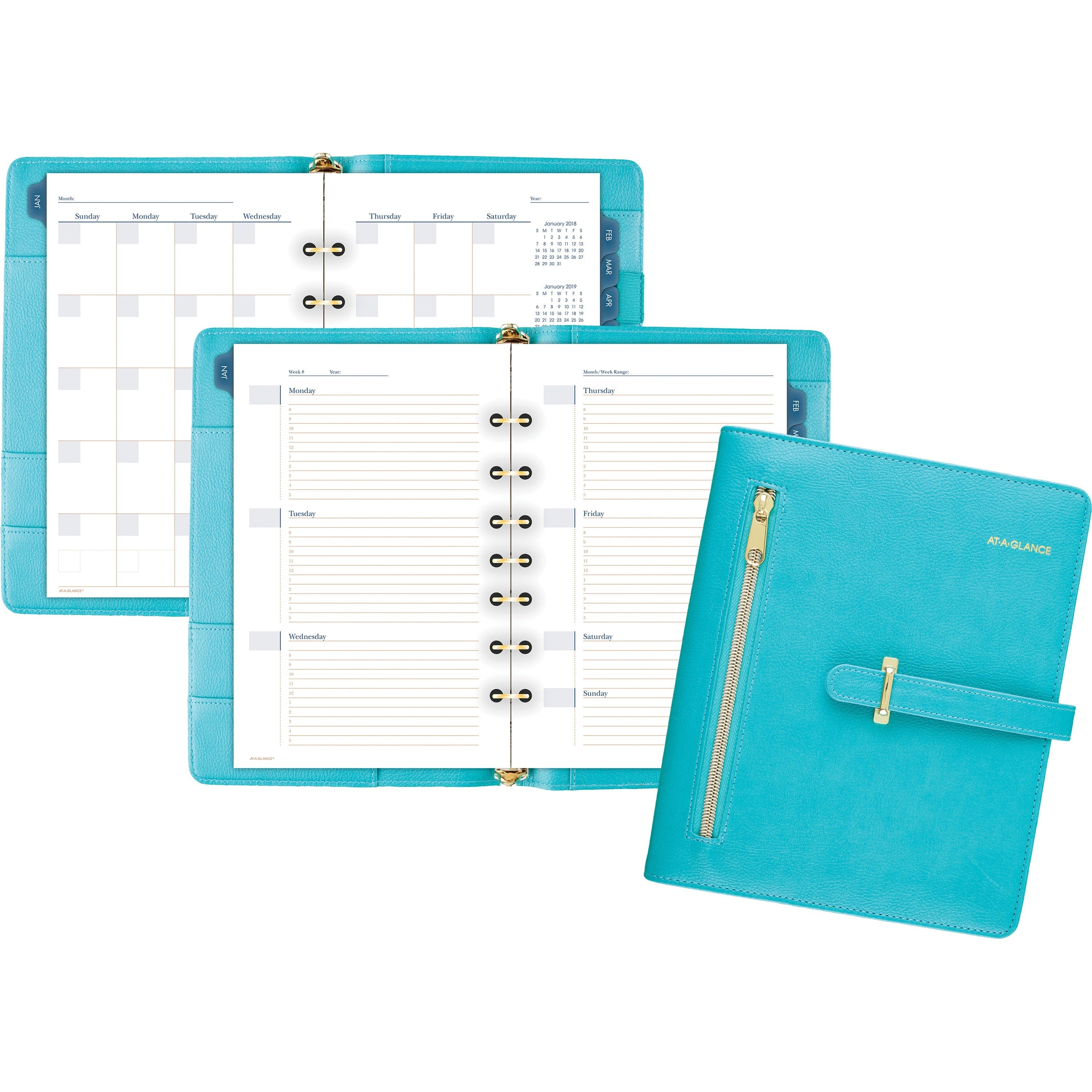 At-A-Glance Buckle Closure Undated Desk Start Set - Julian Dates - Weekly, Monthly - 8:00 AM to 5:00 PM - 1 Month, 1 Week Double Page Layout - 5 1/2" x 8 1/2" Sheet Size - 7-ring - Buckle Closure - Desk - Teal - Faux Leather - Reference Calendar, Tab - 1