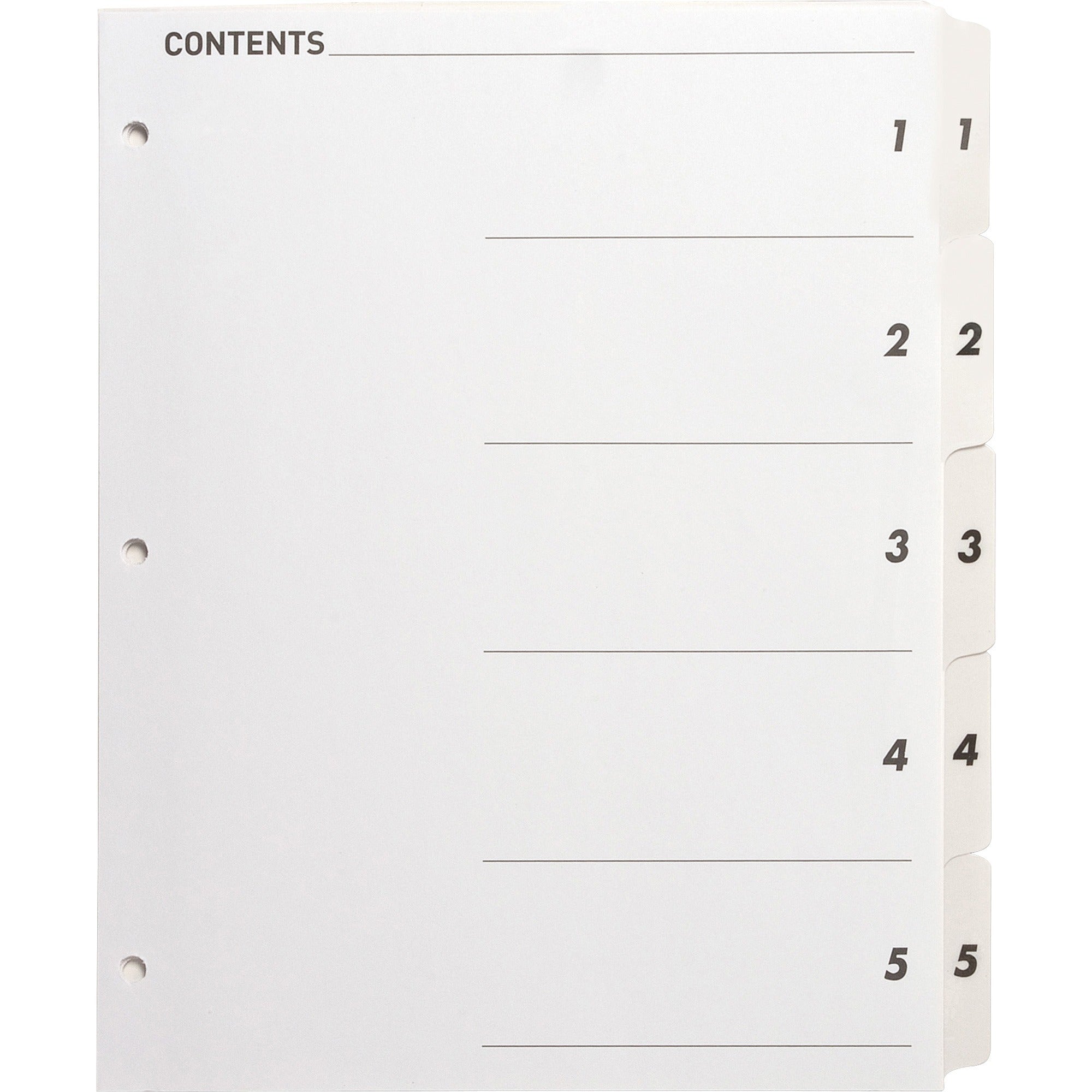 Business Source Table of Content Quick Index Dividers - Printed Tab(s) - Digit - 1-5 - 5 Tab(s)/Set - 8.5" Divider Width x 11" Divider Length - 3 Hole Punched - White Divider - White Mylar Tab(s) - 5 / Set