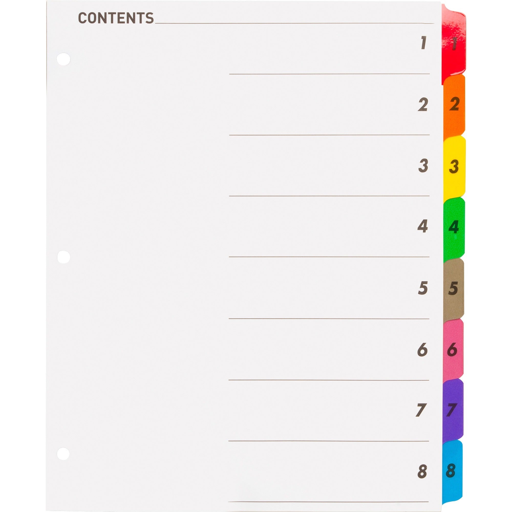 Business Source Table of Content Quick Index Dividers - Printed Tab(s) - Digit - 1-8 - 8 Tab(s)/Set - 8.5" Divider Width x 11" Divider Length - 3 Hole Punched - Multicolor Divider - Multicolor Mylar Tab(s) - 8 / Set - 1