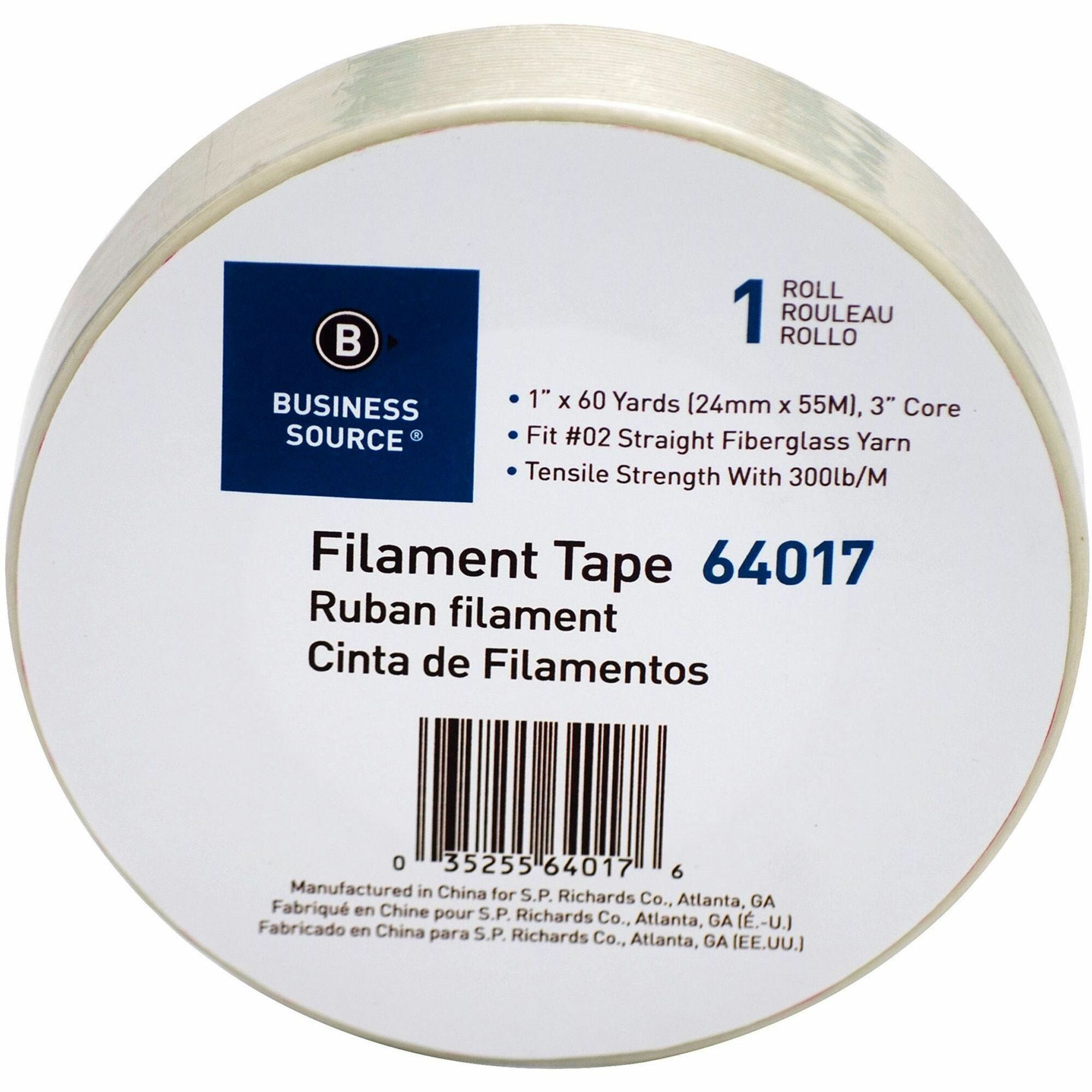 Business Source Heavy-duty Filament Tape - 60 yd Length x 1" Width - 3" Core - Fiberglass Filament - 1 / RollRoll - White
