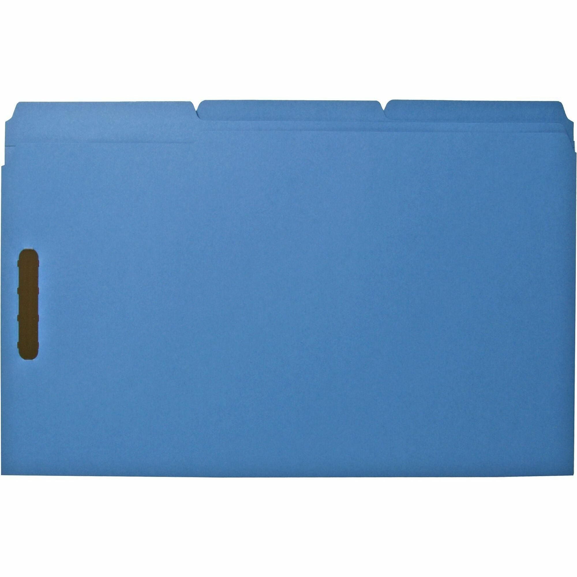 Business Source 1/3 Tab Cut Legal Recycled Fastener Folder - 8 1/2" x 14" - 3/4" Expansion - 2 Fastener(s) - 2" Fastener Capacity - Top Tab Location - Assorted Position Tab Position - Blue - 10% Recycled - 50 / Box