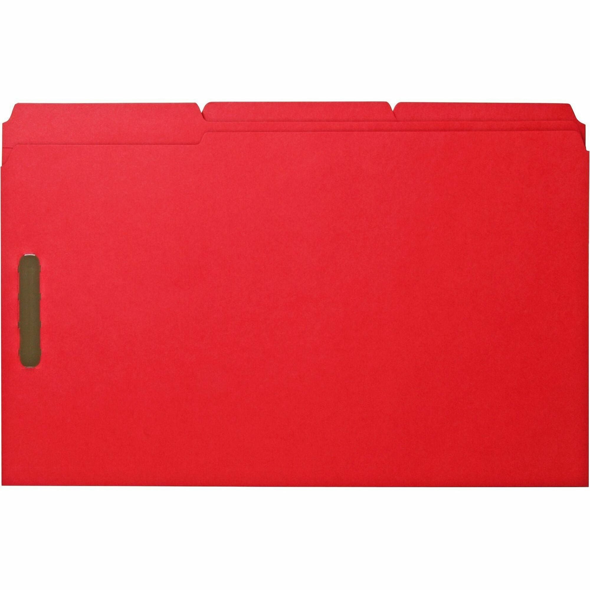 Business Source 1/3 Tab Cut Legal Recycled Fastener Folder - 8 1/2" x 14" - 3/4" Expansion - 2 Fastener(s) - 2" Fastener Capacity - Top Tab Location - Assorted Position Tab Position - Red - 10% Recycled - 50 / Box