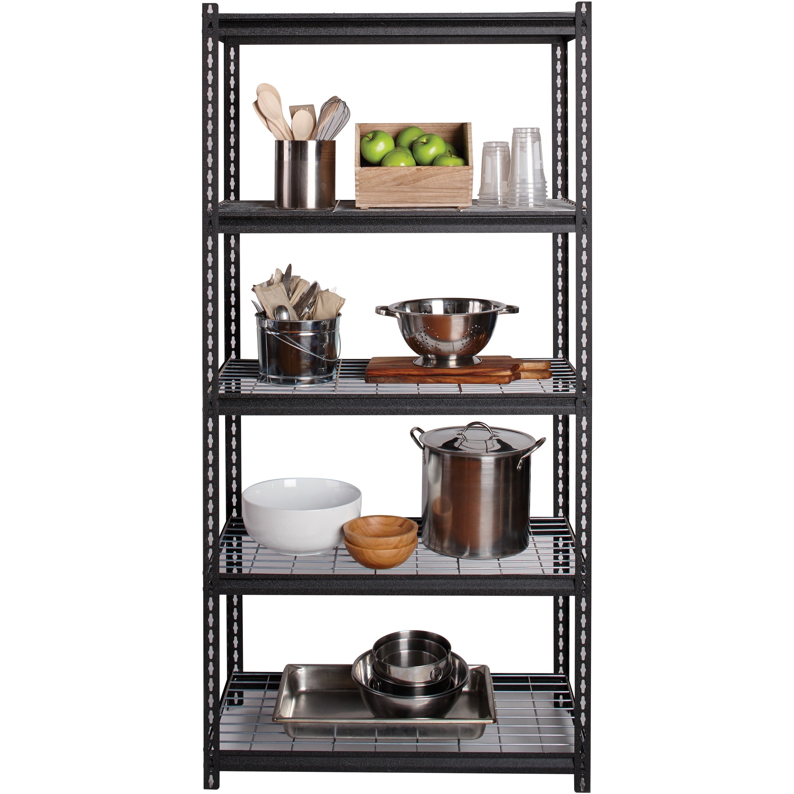 lorell-wire-deck-shelving-5-shelfves-72-height-x-36-width-x-18-depth-28%-recycled-black-steel-1-each_llr99929 - 2
