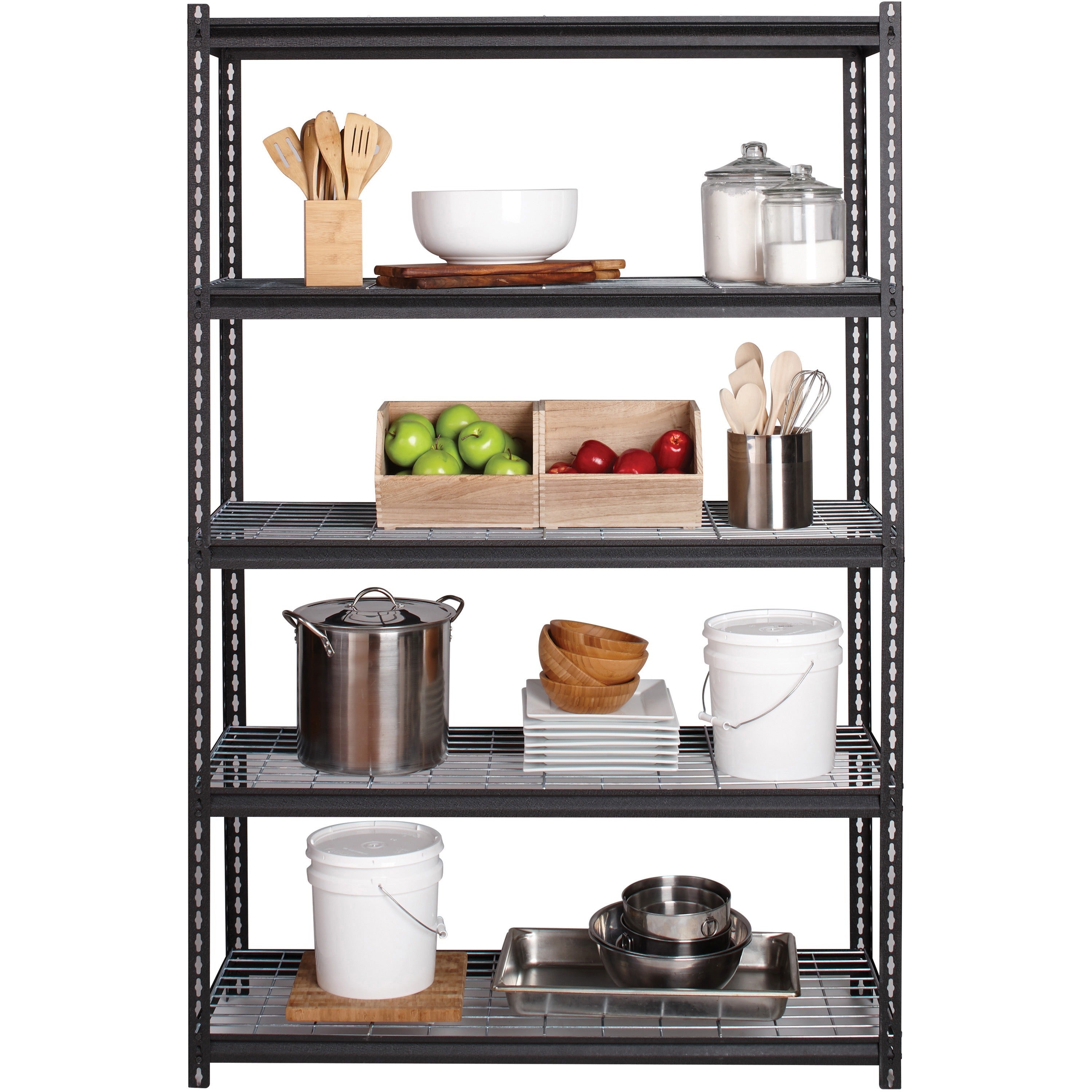 lorell-wire-deck-shelving-5-shelfves-72-height-x-48-width-x-18-depth-28%-recycled-black-steel-1-each_llr99930 - 2