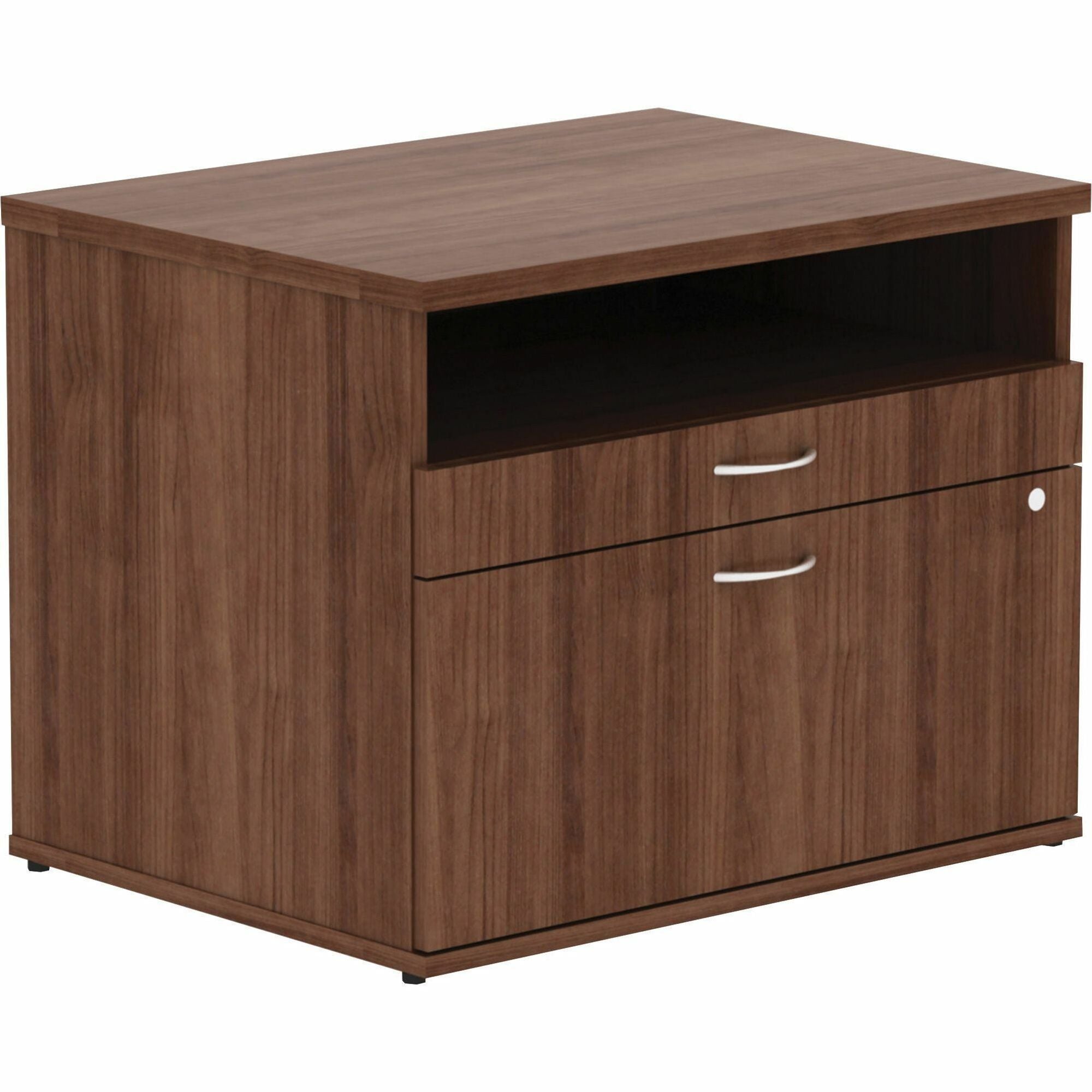 Lorell Relevance Series 2-Drawer File Cabinet Credenza w/Open Shelf - 29.5" x 22"23.1" - 2 x File, Storage Drawer(s) - Finish: Walnut Laminate - 1