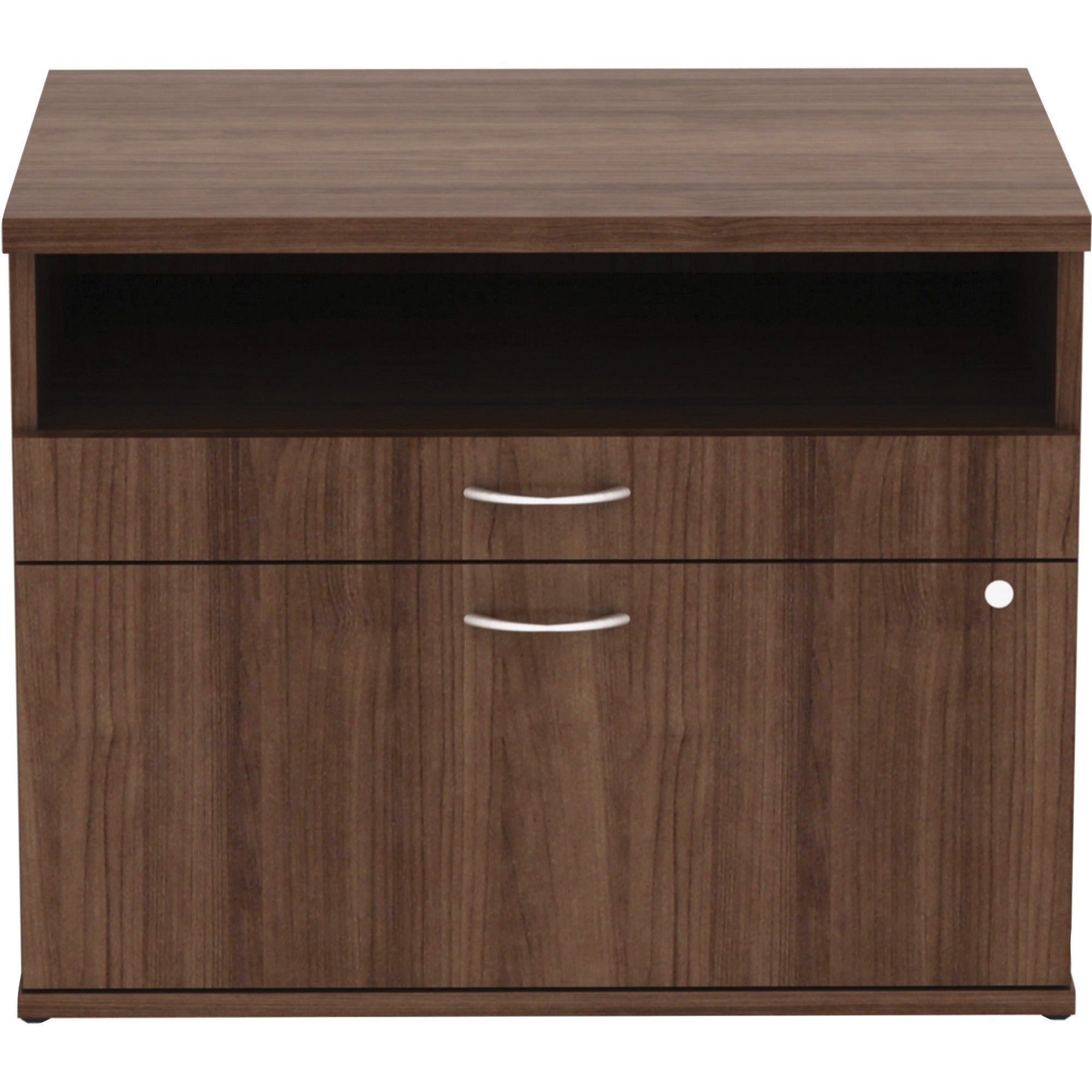 Lorell Relevance Series 2-Drawer File Cabinet Credenza w/Open Shelf - 29.5" x 22"23.1" - 2 x File, Storage Drawer(s) - Finish: Walnut Laminate - 2