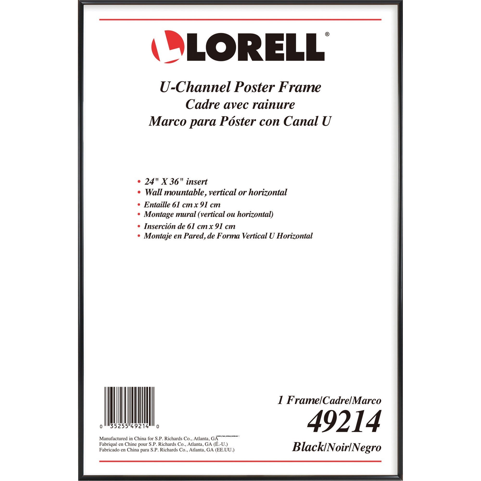 Lorell Poster Frame - 24" x 36" Frame Size - Rectangle - Horizontal, Vertical - 1 Each - Black
