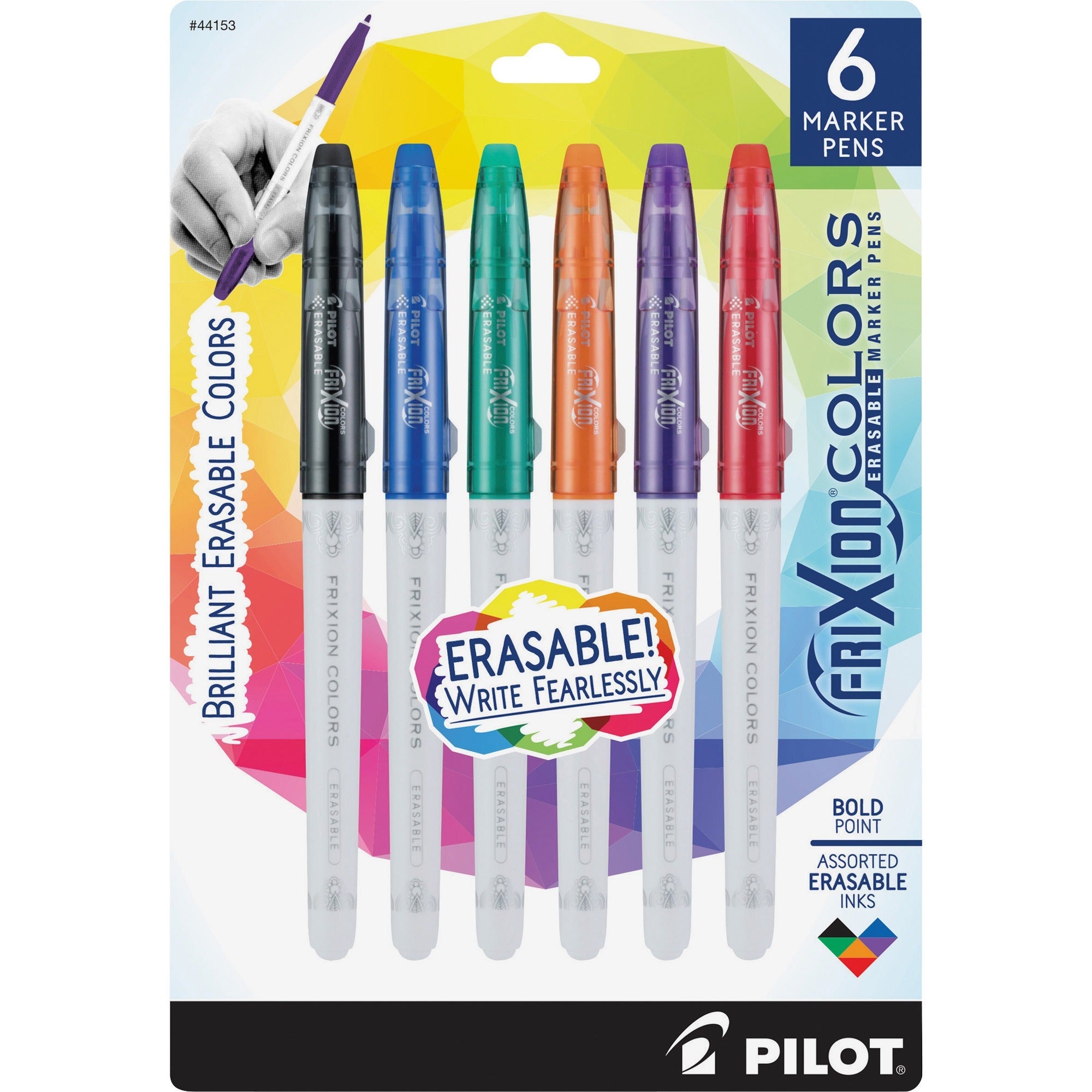 pilot-frixion-colors-erasable-marker-pens-bold-pen-point-25-mm-pen-point-size-black-blue-red-green-orange-purple-white-barrel-6-pack_pil44153 - 1