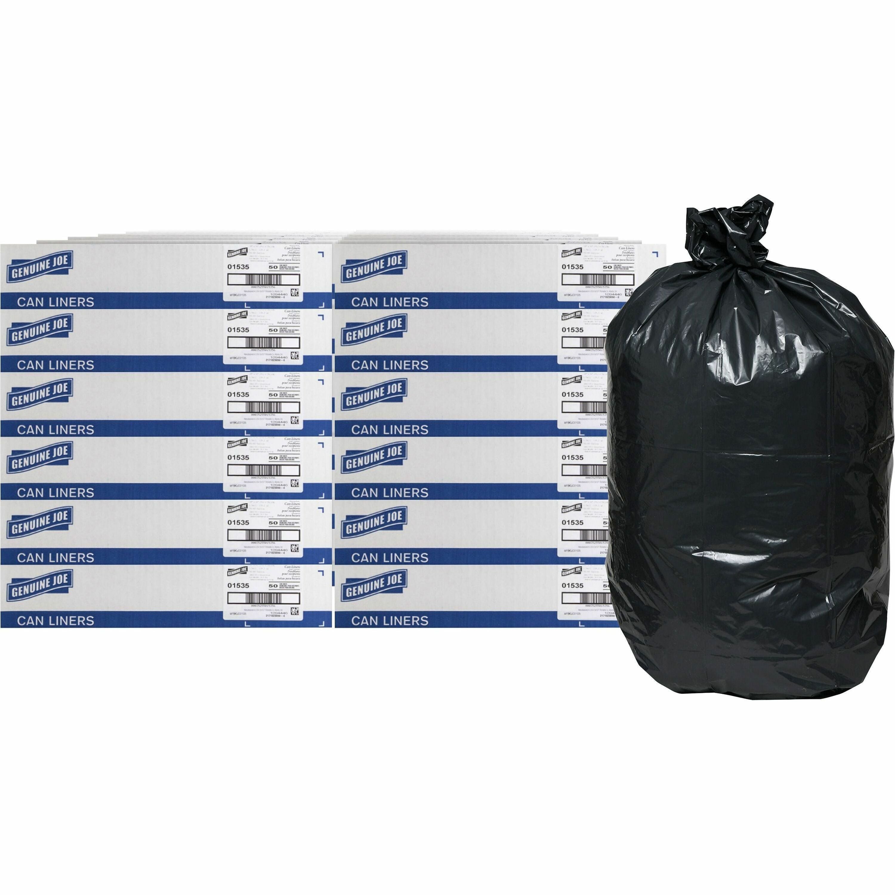 genuine-joe-heavy-duty-trash-can-liners-60-gal-capacity-39-width-x-56-length-150-mil-38-micron-thickness-low-density-black-plastic-resin-96-pallet-50-per-box-waste-debris-can_gjo01535pl - 1