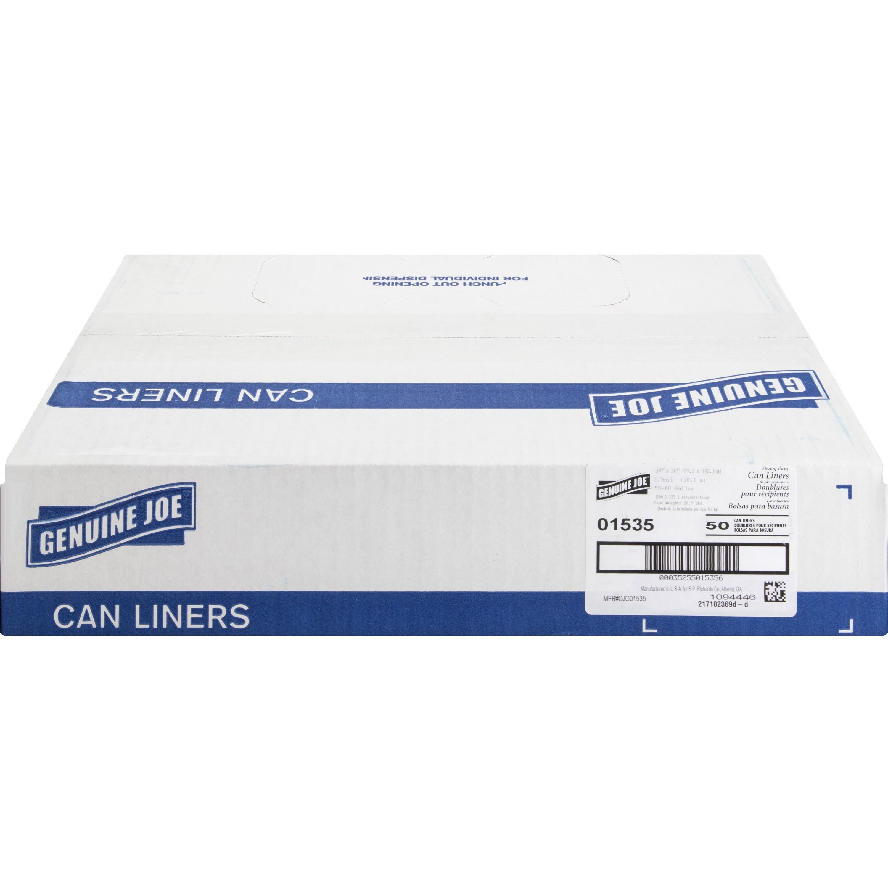 genuine-joe-heavy-duty-trash-can-liners-60-gal-capacity-39-width-x-56-length-150-mil-38-micron-thickness-low-density-black-plastic-resin-96-pallet-50-per-box-waste-debris-can_gjo01535pl - 2