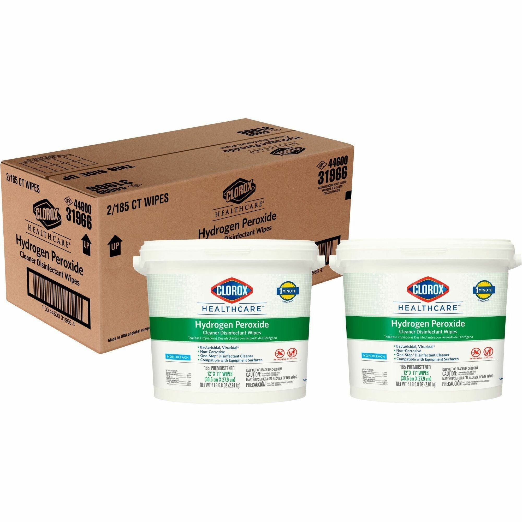 Clorox Healthcare Hydrogen Peroxide Cleaner Disinfectant Wipes - 185 / Bucket - 2 / Carton - Bleach-free, Antibacterial - White - 1