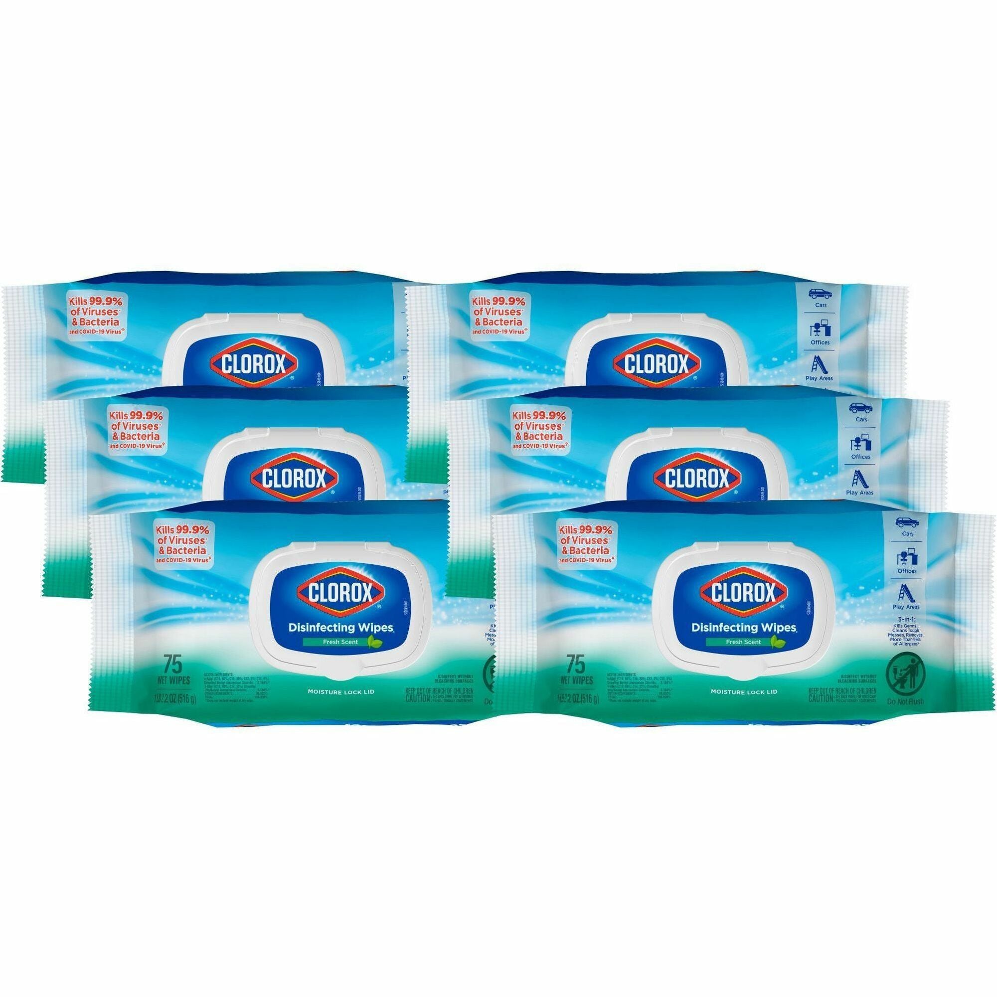 Clorox Disinfecting Cleaning Wipes Value Pack - Bleach-free - Fresh Scent - 75 / Packet - 6 / Carton - Bleach-free, Antibacterial - White