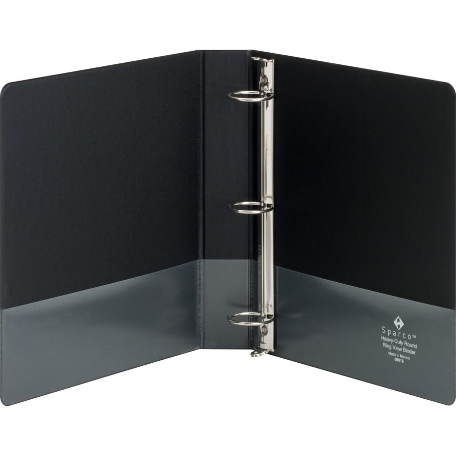 business-source-premium-round-ring-view-binder-1-1-2-binder-capacity-letter-8-1-2-x-11-sheet-size-350-sheet-capacity-round-ring-fasteners-2-internal-pockets-polypropylene-chipboard-black-wrinkle-free-non-glare-transfer-saf_bsn19650 - 2