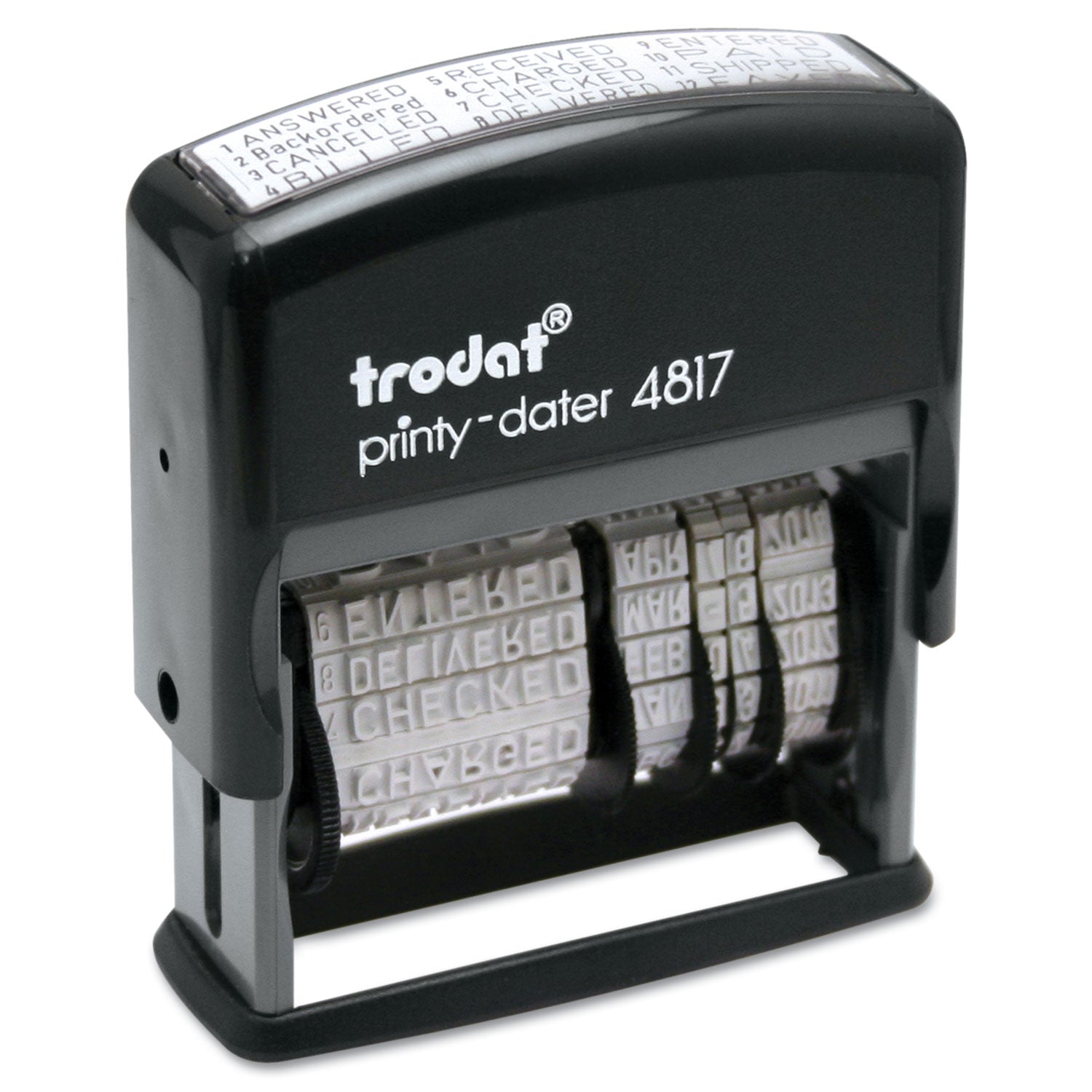 Printy Economy 12-Message Date Stamp, Self-Inking, 2" x 0.38", Black -