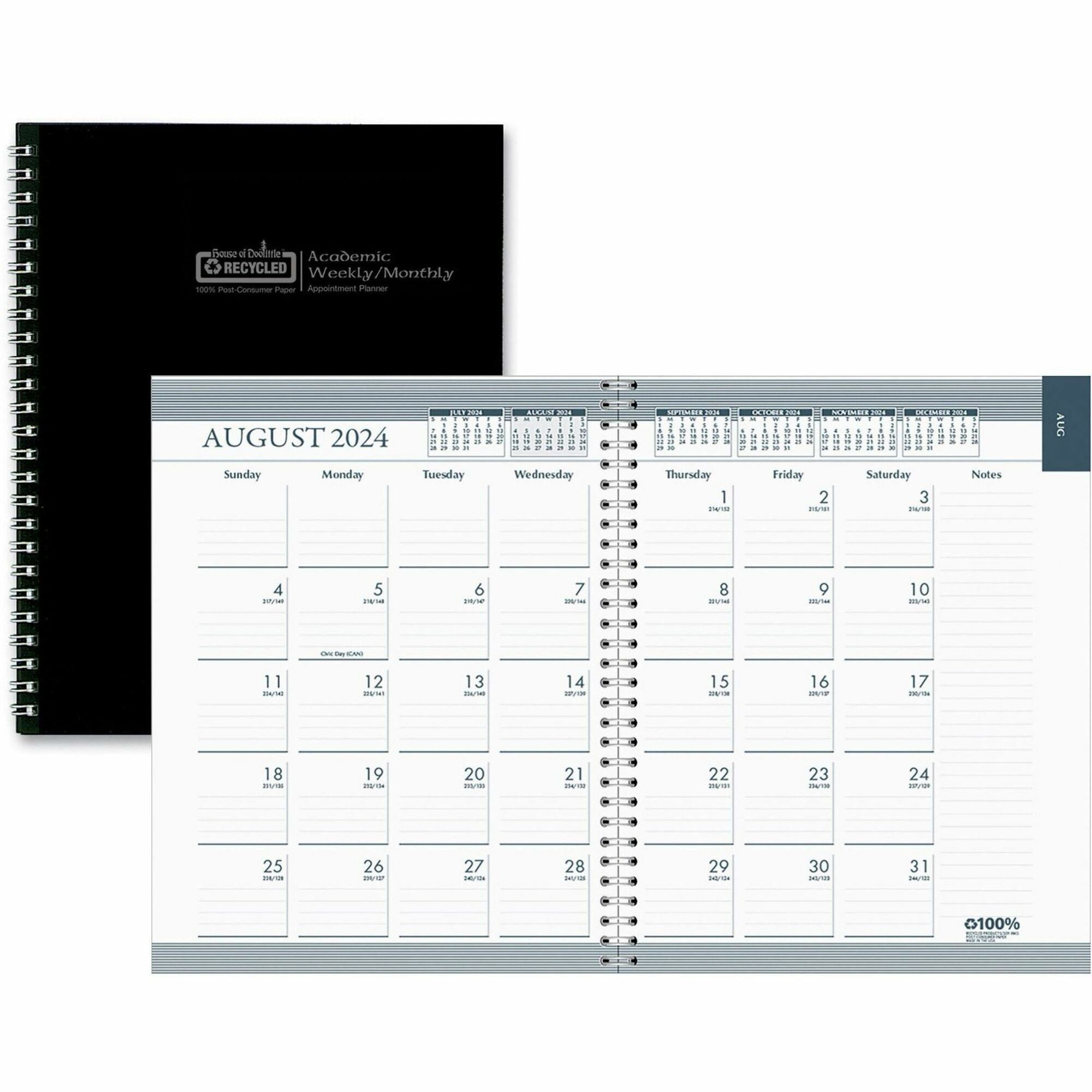 House of Doolittle Academic Weekly/Monthly Planner - Academic - Julian Dates - Monthly, Weekly - 12 Month - August 2023 - July 2024 - 1 Week, 1 Month Double Page Layout - Spiral Bound - Suede Leather, Paper - 9" Height x 7" Width - Daily Schedule, Re - 1