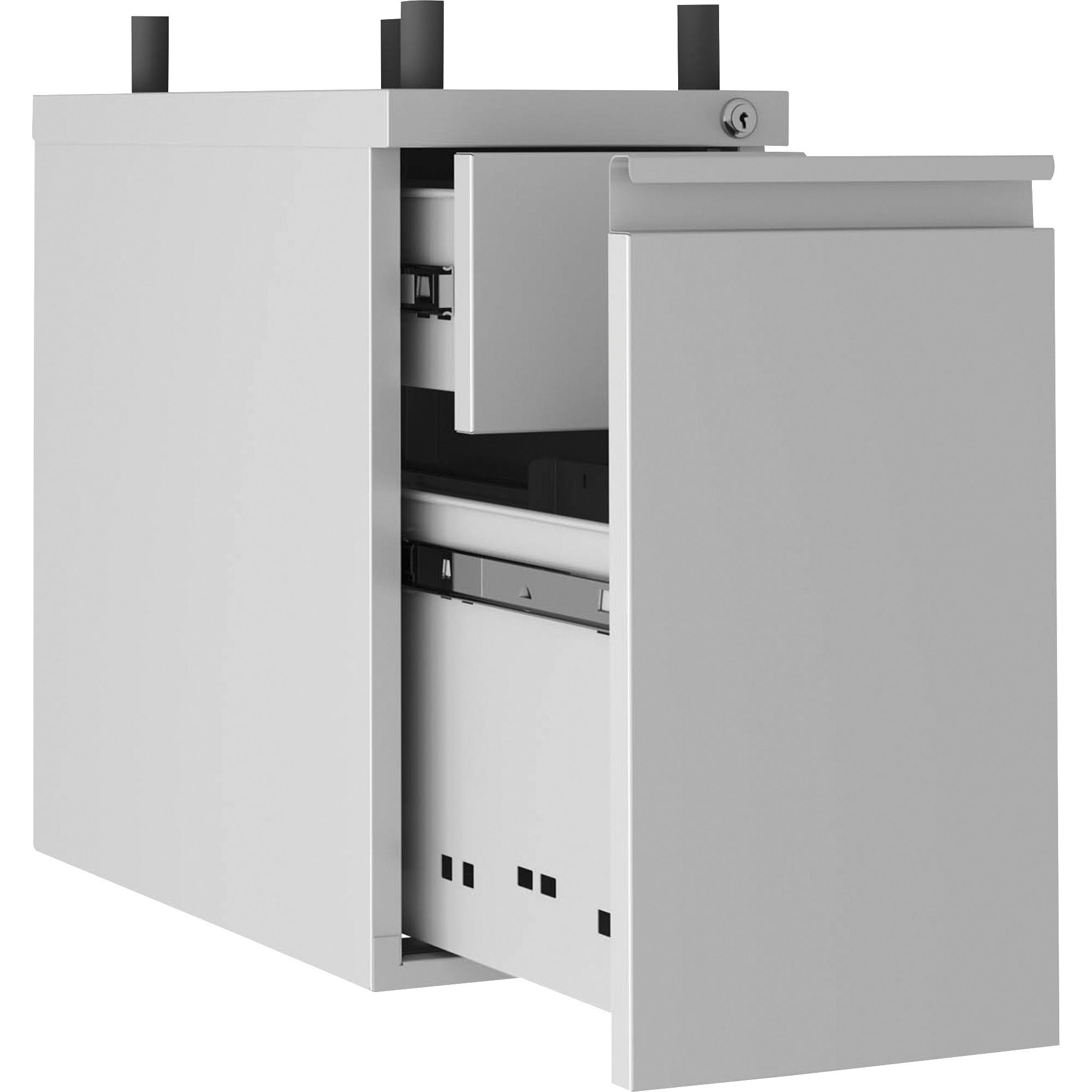 lorell-slim-hanging-tower-file-cabinet-with-concealed-drawer-10-x-20-x-192-letter-legal-vertical-casters-compact-storage-space-hanging-rail-key-lock-silver-powder-coated-metal-recycled_llr00046 - 2