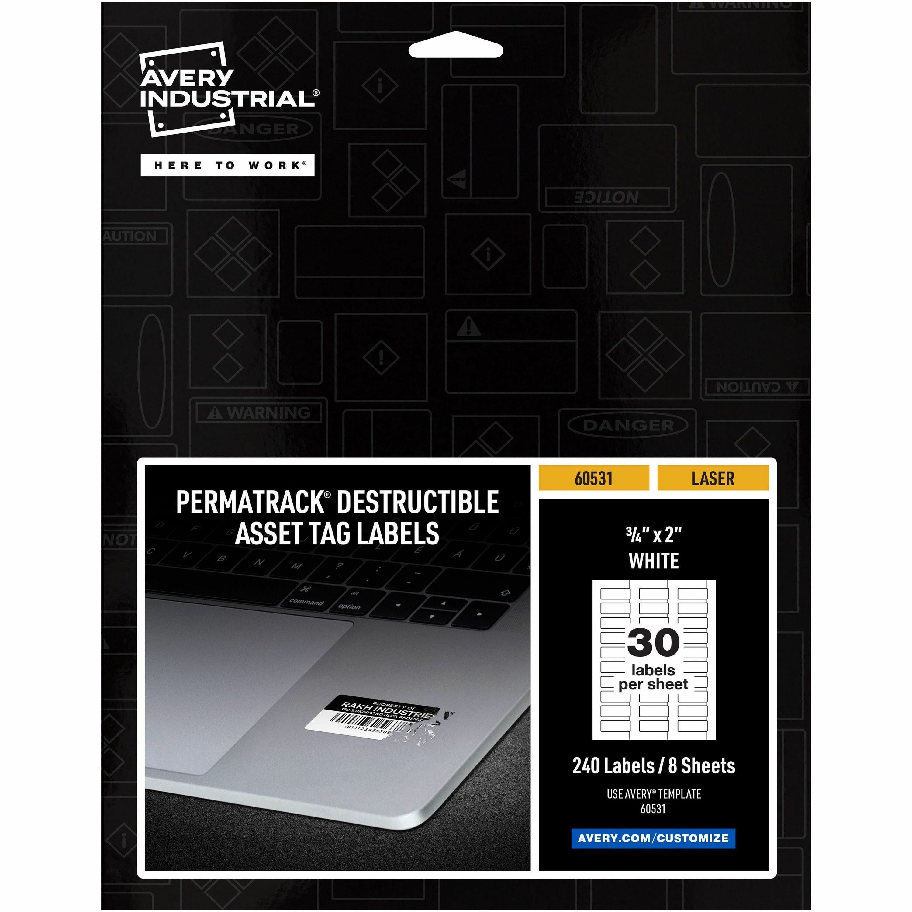 Avery PermaTrack Destructible Asset Tag Labels - 0.75" Length x 2" Width - Rectangular - 240 / Pack - White - 1