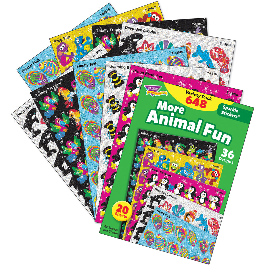 trend-animal-fun-stickers-variety-pack-animal-fun-theme-subject-frog-fun-proud-penguin-deep-sea-dazzler-flashy-fish-beaming-bug-shape-acid-free-non-toxic-photo-safe-8-height-x-413-width-x-6-length-multicolor-648-pack-1-each_tep63910 - 2
