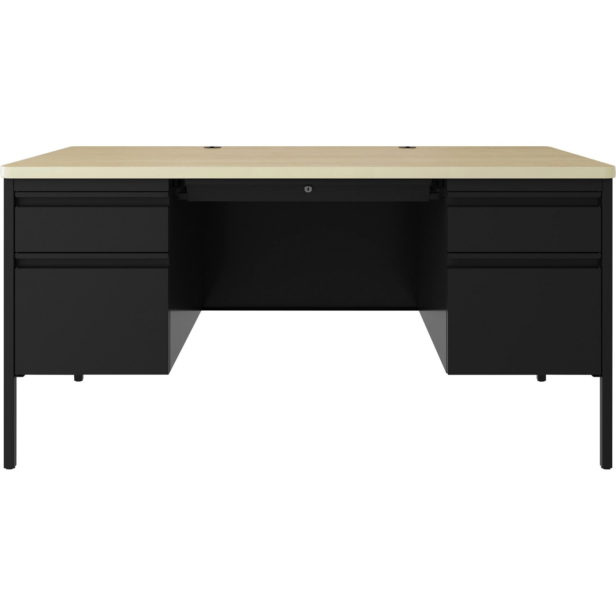 lorell-fortress-series-double-pedestal-teachers-desk-60-x-29530--08-modesty-panel-double-pedestal-t-mold-edge-material-steel-finish-maple-black_llr03155 - 2