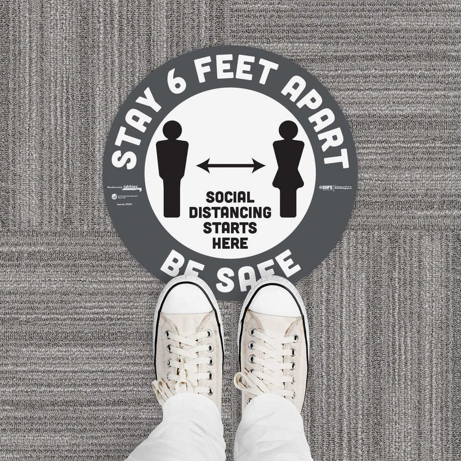 tabbies-besafe-stay-6-feet-apart-floor-decals-6-pack-stay-6-feet-apart-print-message-12-width-x-12-height-circle-shape-easy-readability-removable-pressure-sensitive-adhesive-adjustable-non-slip-acrylic-vinyl-gray-white_tab29201 - 2