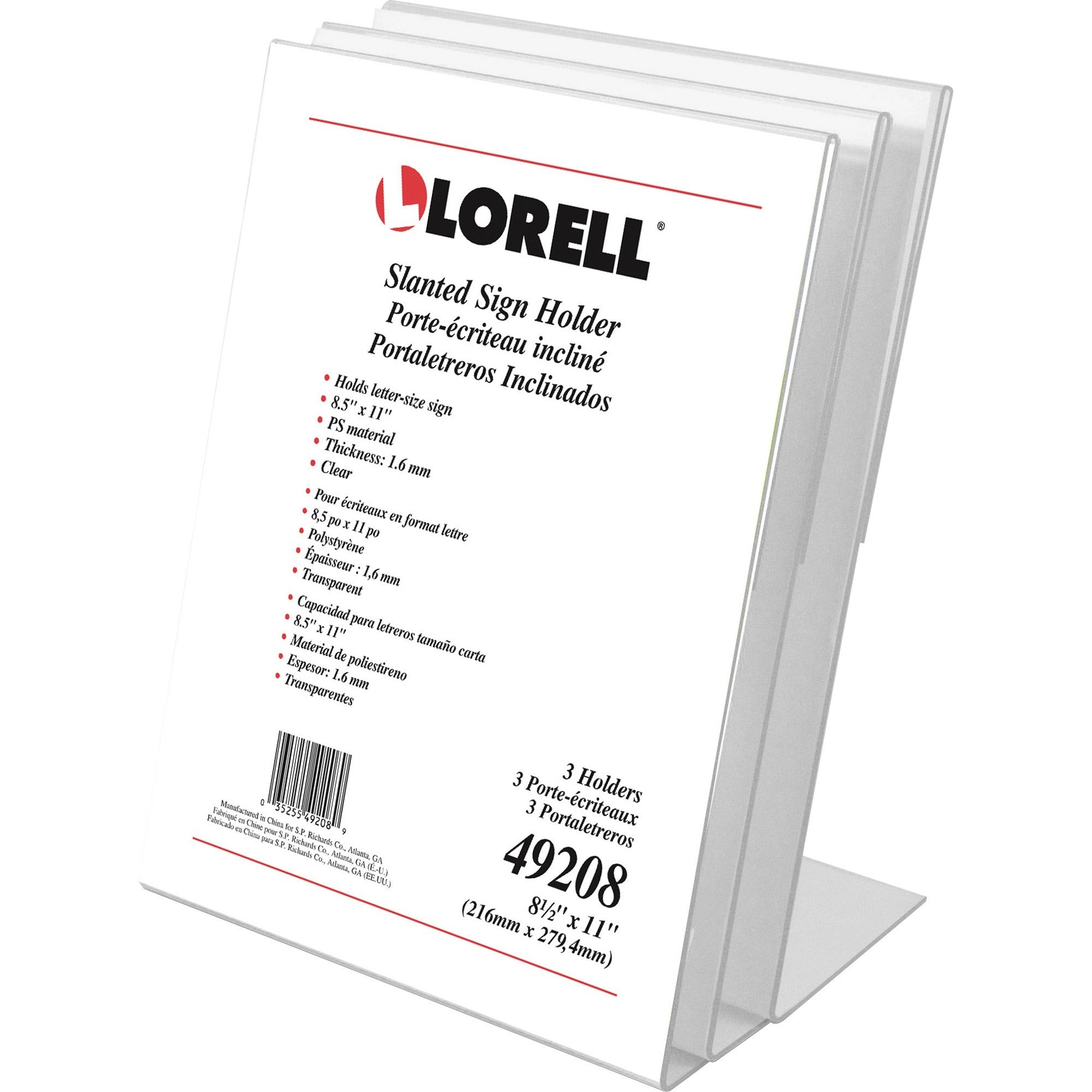Lorell L-base Slanted Sign Holder Stand - Support 8.50" x 11" Media - Acrylic - 3 / Pack - Clear - 1