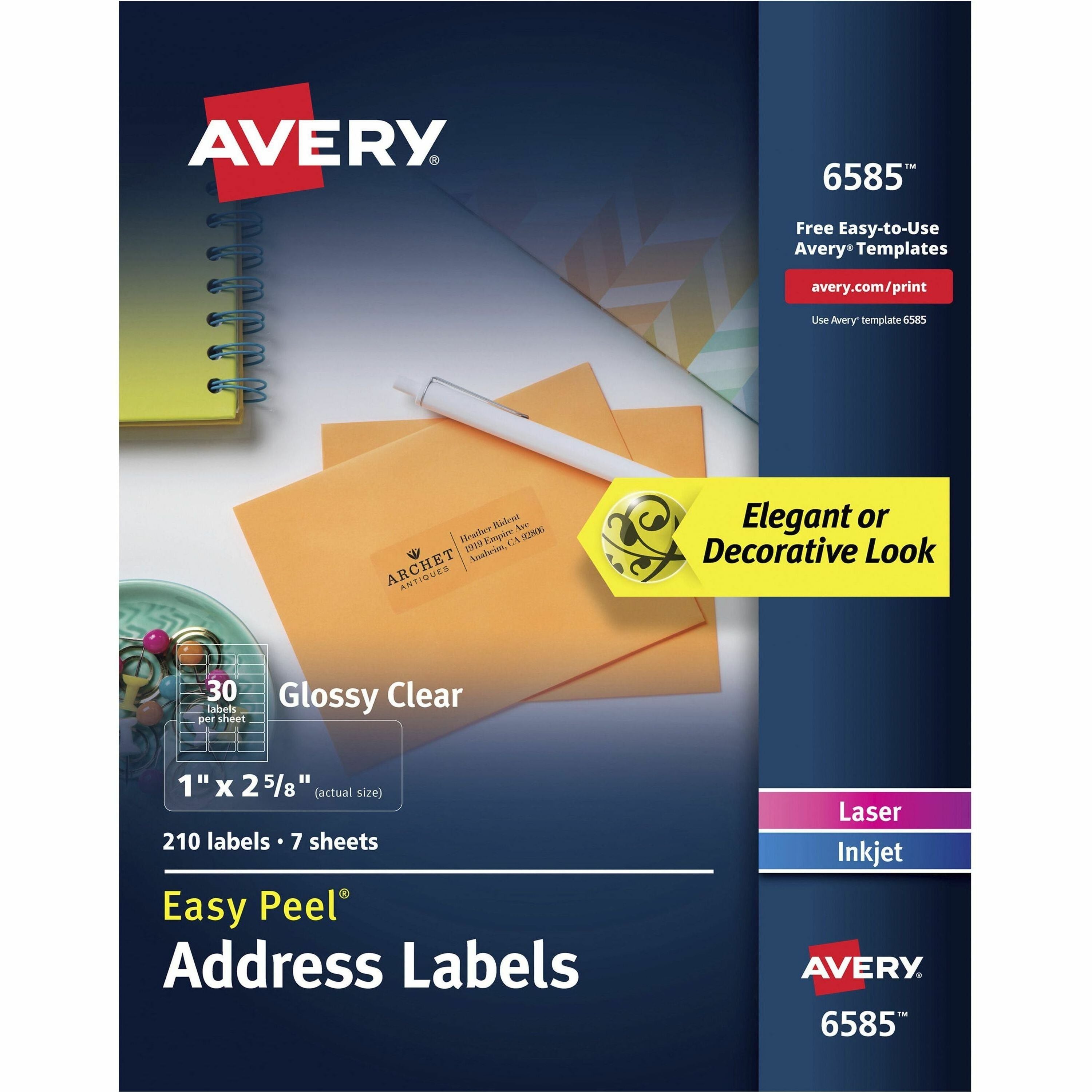 Avery Glossy Clear Address Labels, Sure Feed Technology, Laser/Inkjet, 1" x 2-5/8" , 210 Labels (6585) - Avery Glossy Clear Address Labels, 1" x 2-5/8" , 210 Labels (6585) - 1