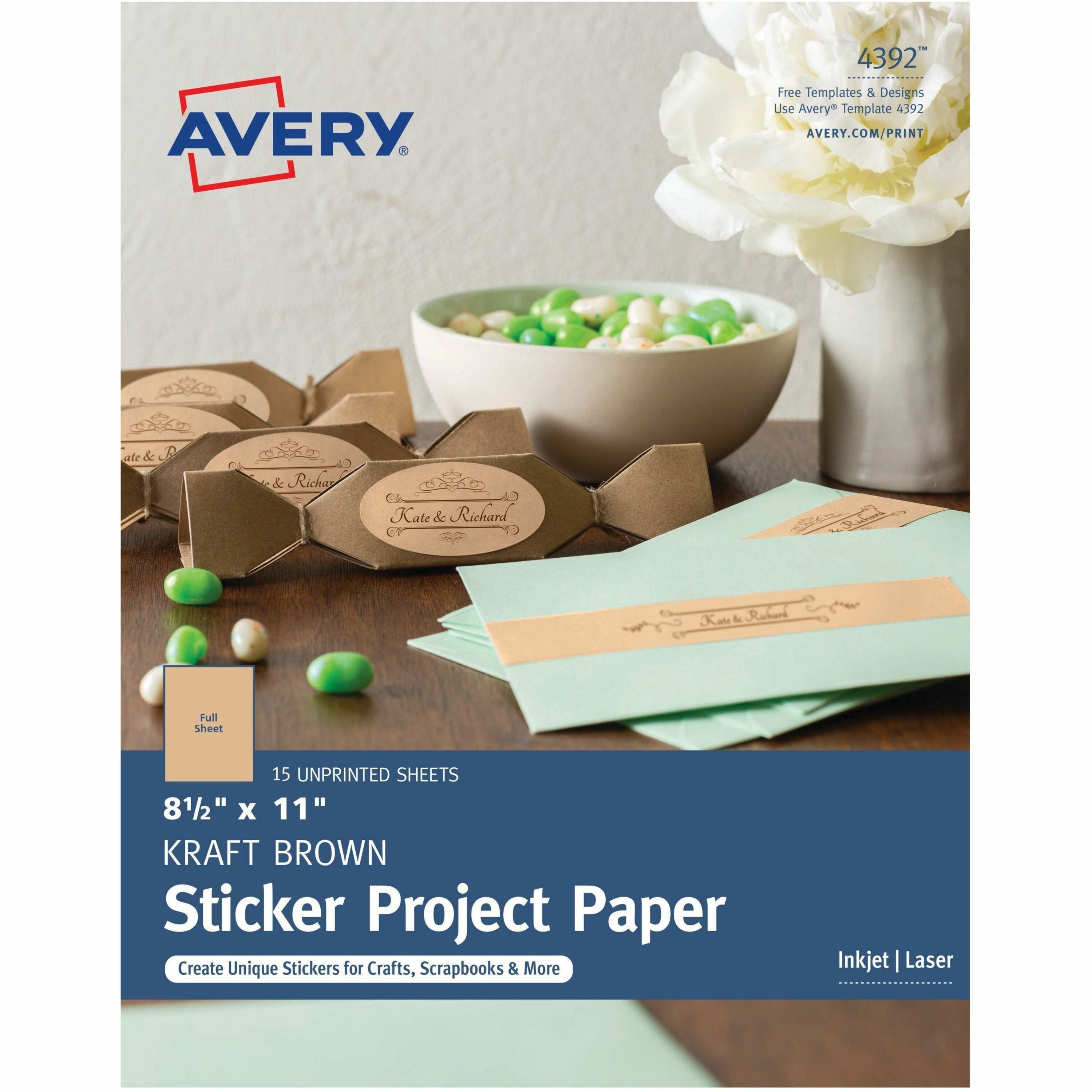 Avery Printable Sticker Paper, 8.5" x 11" , Kraft Brown, Laser & Inkjet Printers, 15 Craft Paper Sheets (4392) - Avery Printable Sticker Paper, Kraft, 8.5" x 11" , 15 Sheets (4392) - 1