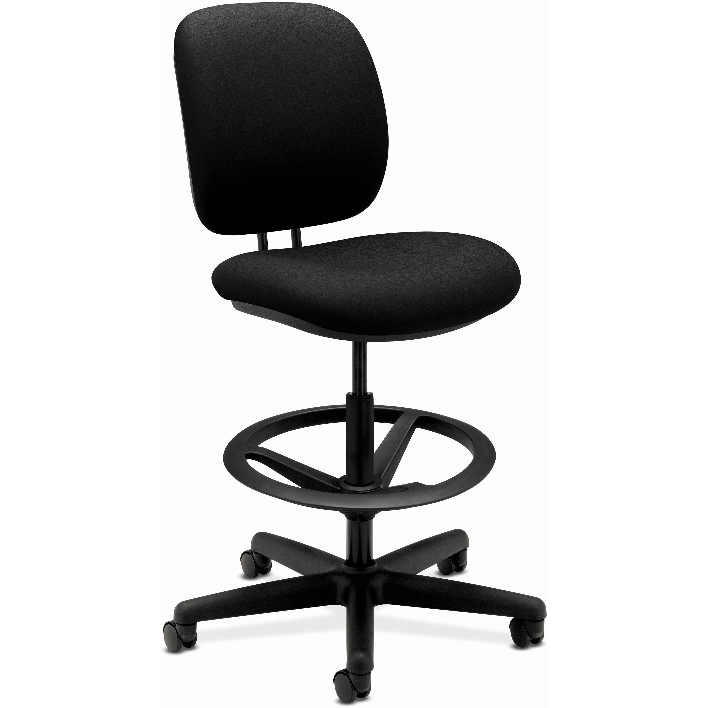 HON ComforTask Stool | Extended Height, Footring | Black Fabric - Black Polyester, Polymer Seat - Black Polyester, Polymer Back - Black Frame - 5-star Base - 1 Each -