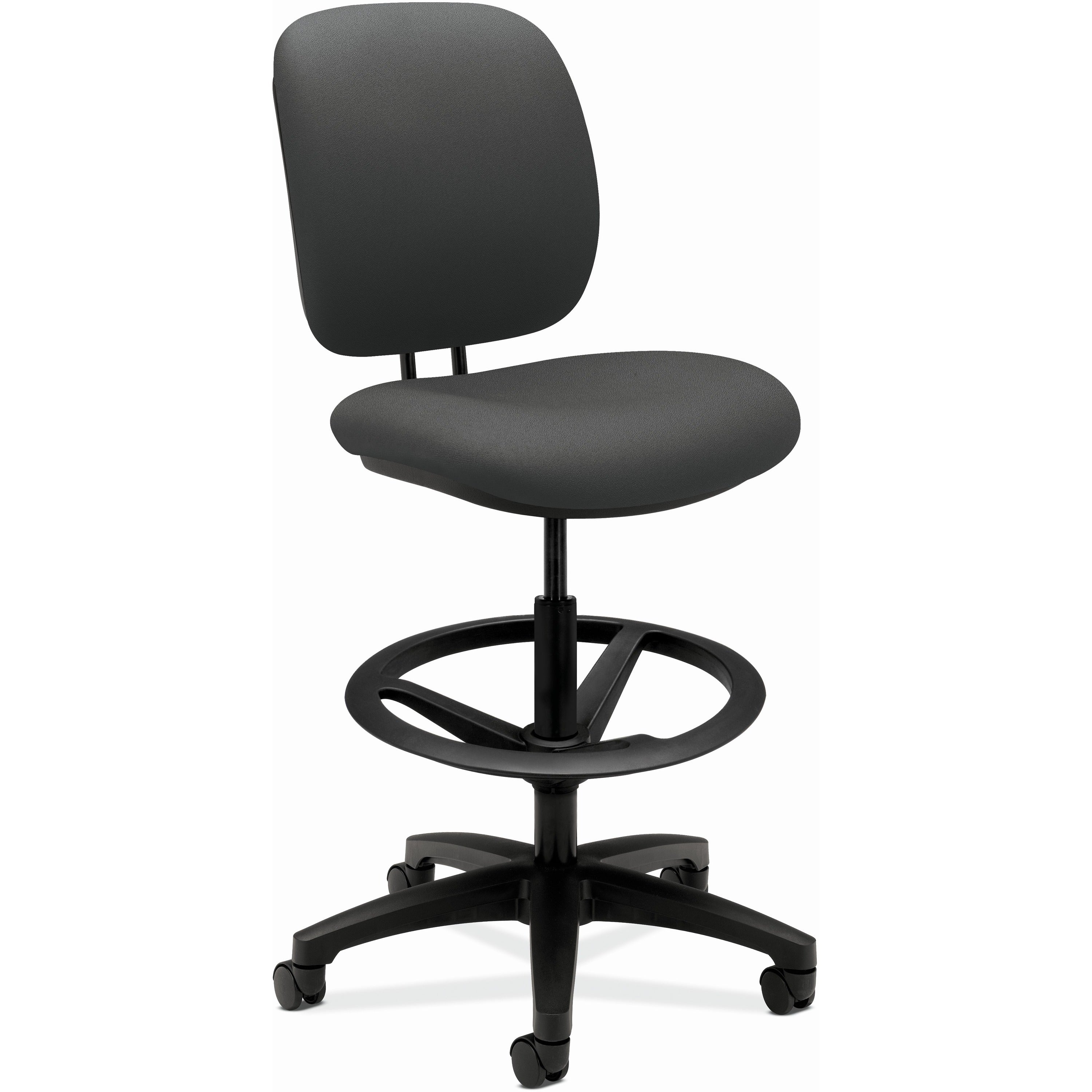 ComforTask Task Stool, Adjustable Footring, Supports Up to 300 lb, 22" to 32" Seat Height, Iron Ore Seat/Back, Black Base - 1