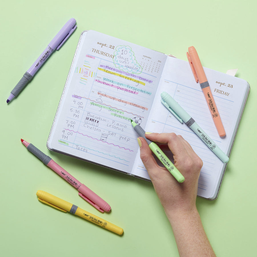 bic-brite-liner-grip-highlighters-assorted-12-pack-16-mm-marker-point-size-chisel-marker-point-style-assorted-pastel-yellow-pastel-pink-pastel-blue-pastel-green-pastel-purple-pastel-orange-12-pack_bicgbld11ast - 2