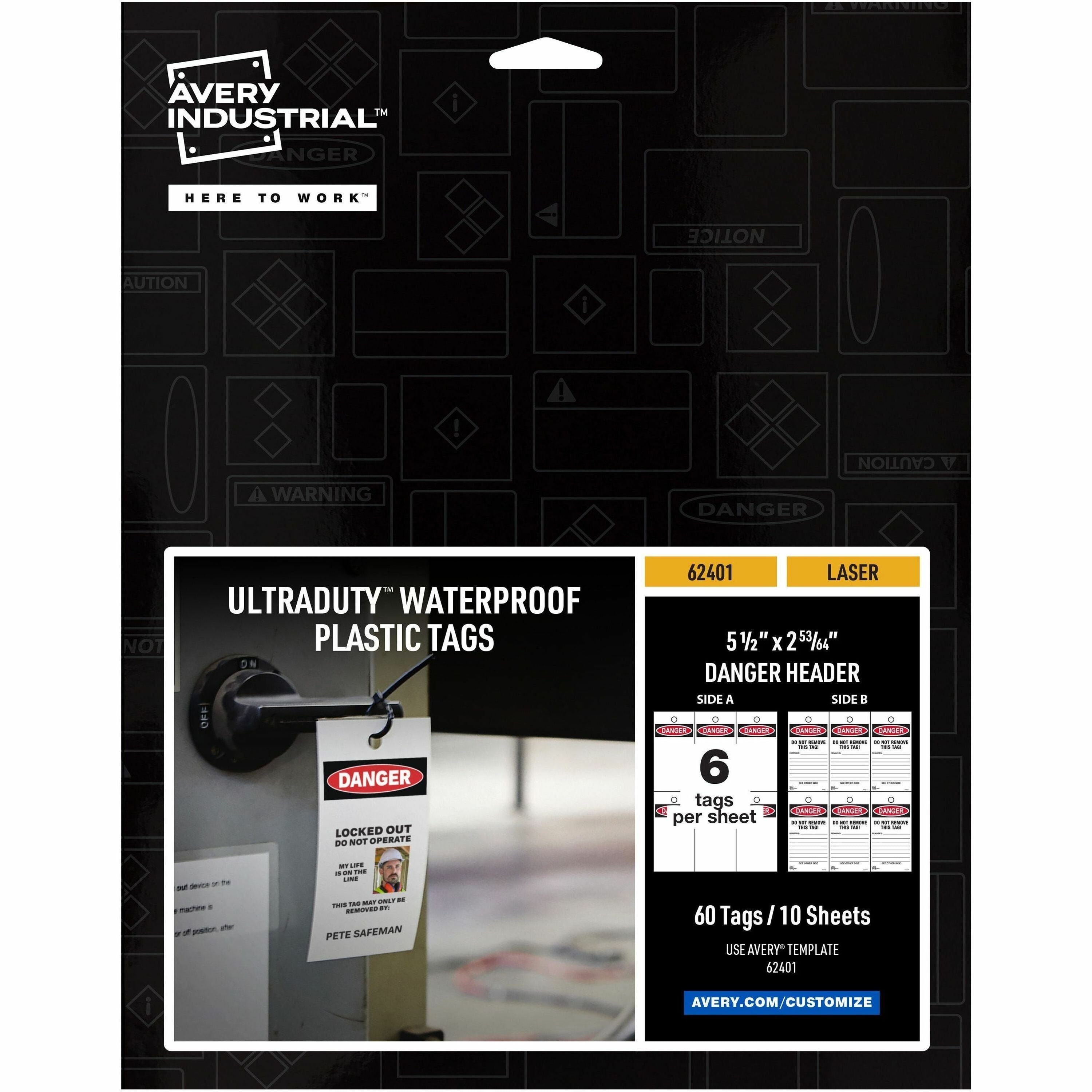 Avery UltraDuty LOTO Prerinted DANGER Hang Tags - 2.92" Length x 5.50" Width - 60 / Pack - Plastic - White - 1