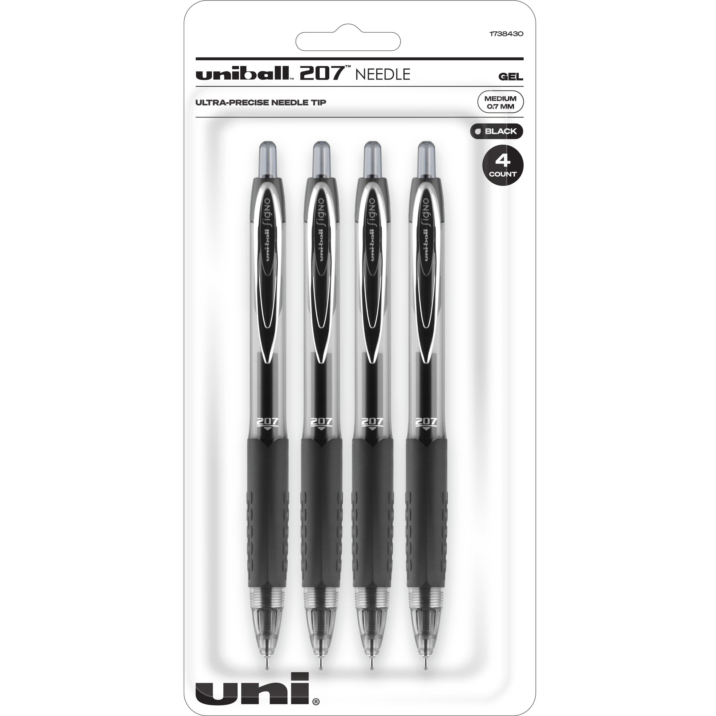 uniball-207-needle-gel-pens-medium-pen-point-07-mm-pen-point-size-needle-pen-point-style-refillable-retractable-black-gel-based-ink-black-plastic-barrel-tungsten-carbide-stainless-steel-tip-4-pack_ubc1738430 - 1