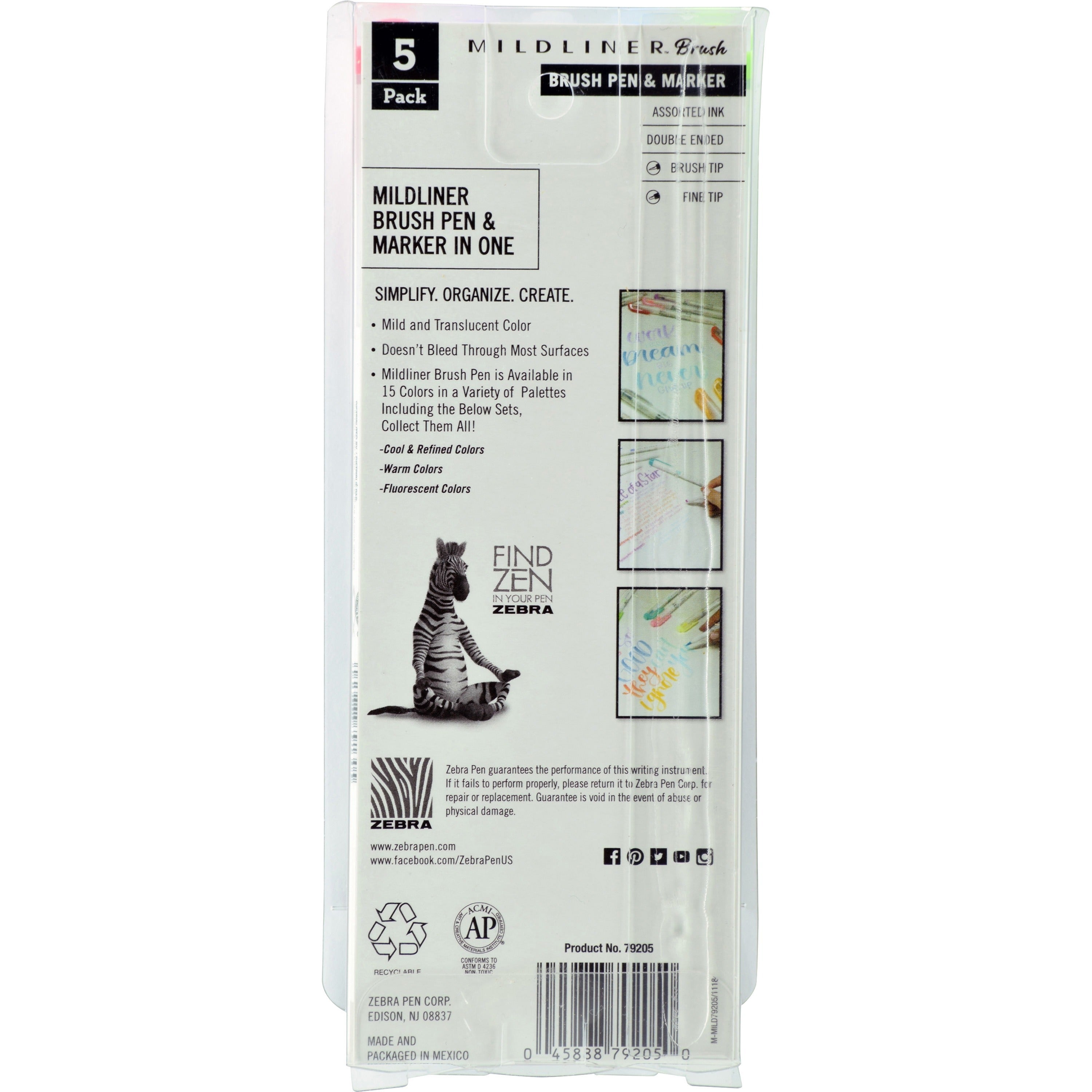 zebra-pen-mildliner-brush-double-ended-creative-marker-cool-and-refined-pack-fine-marker-point-brush-marker-point-style-green-pigment-based-dark-blue-gray-violet-red-ink-5-pack_zeb79205 - 2
