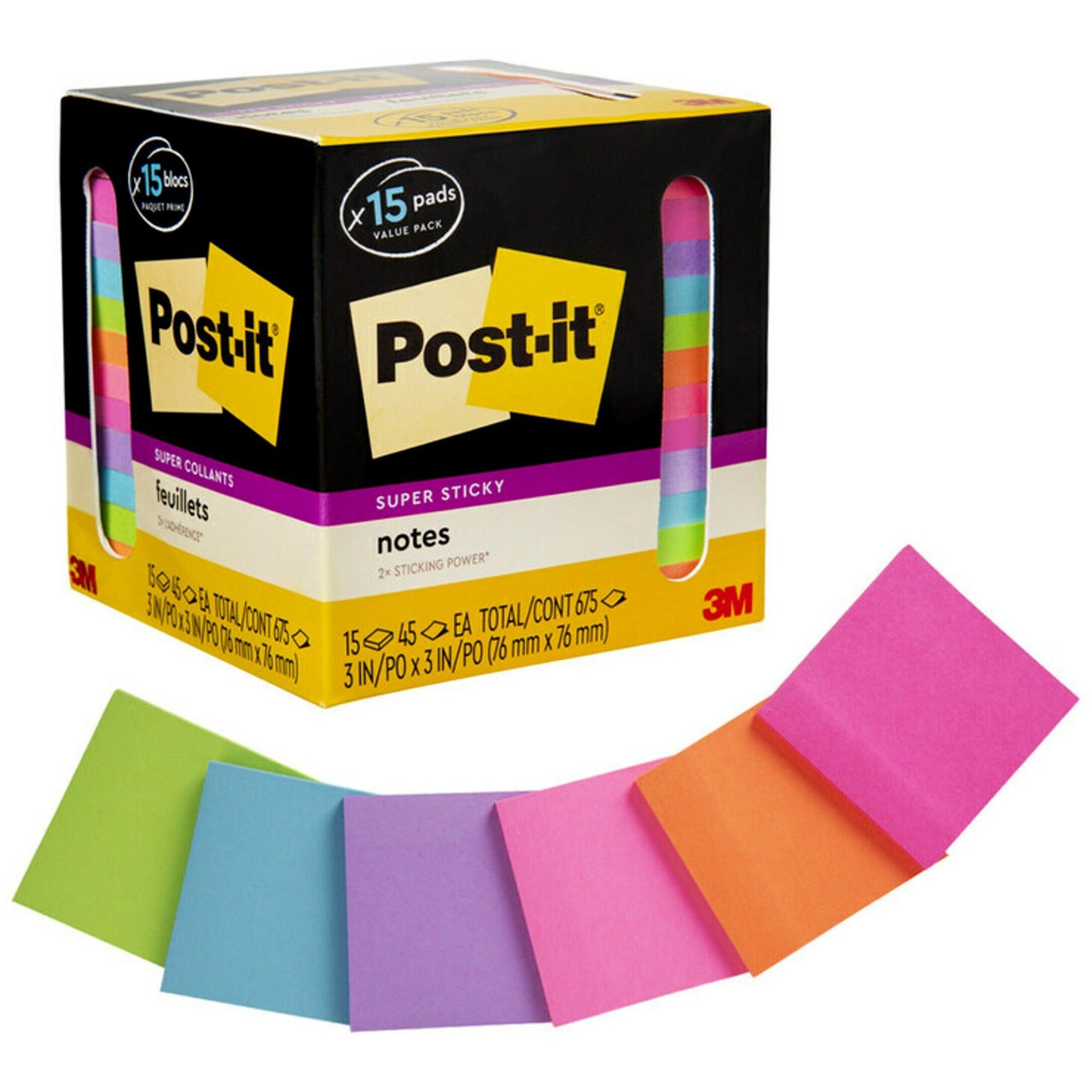 post-it-super-sticky-notes-15-3-x-3-square-45-sheets-per-pad-neon-orange-tropical-pink-power-pink-iris-blue-paradise-neon-green-limeade-adhesive-recyclable-15-pack_mmm65415sscp - 1