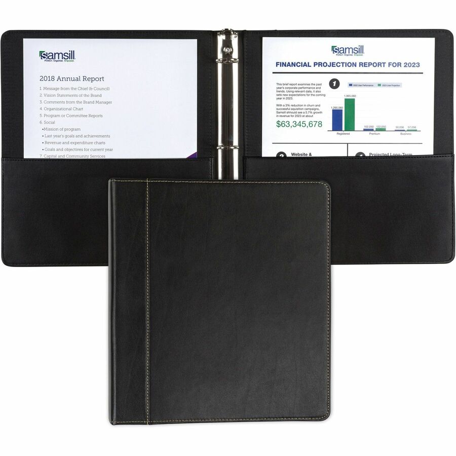 Samsill Contrast Stitch Leather Ring Binder - 1" Binder Capacity - Letter - 8 1/2" x 11" Sheet Size - 200 Sheet Capacity - 1" Ring - Round Ring Fastener(s) - 2 Internal Pocket(s) - Bonded Leather, LeatherGrain - Black - Durable, Spine, Rivet - 1 Each - 2