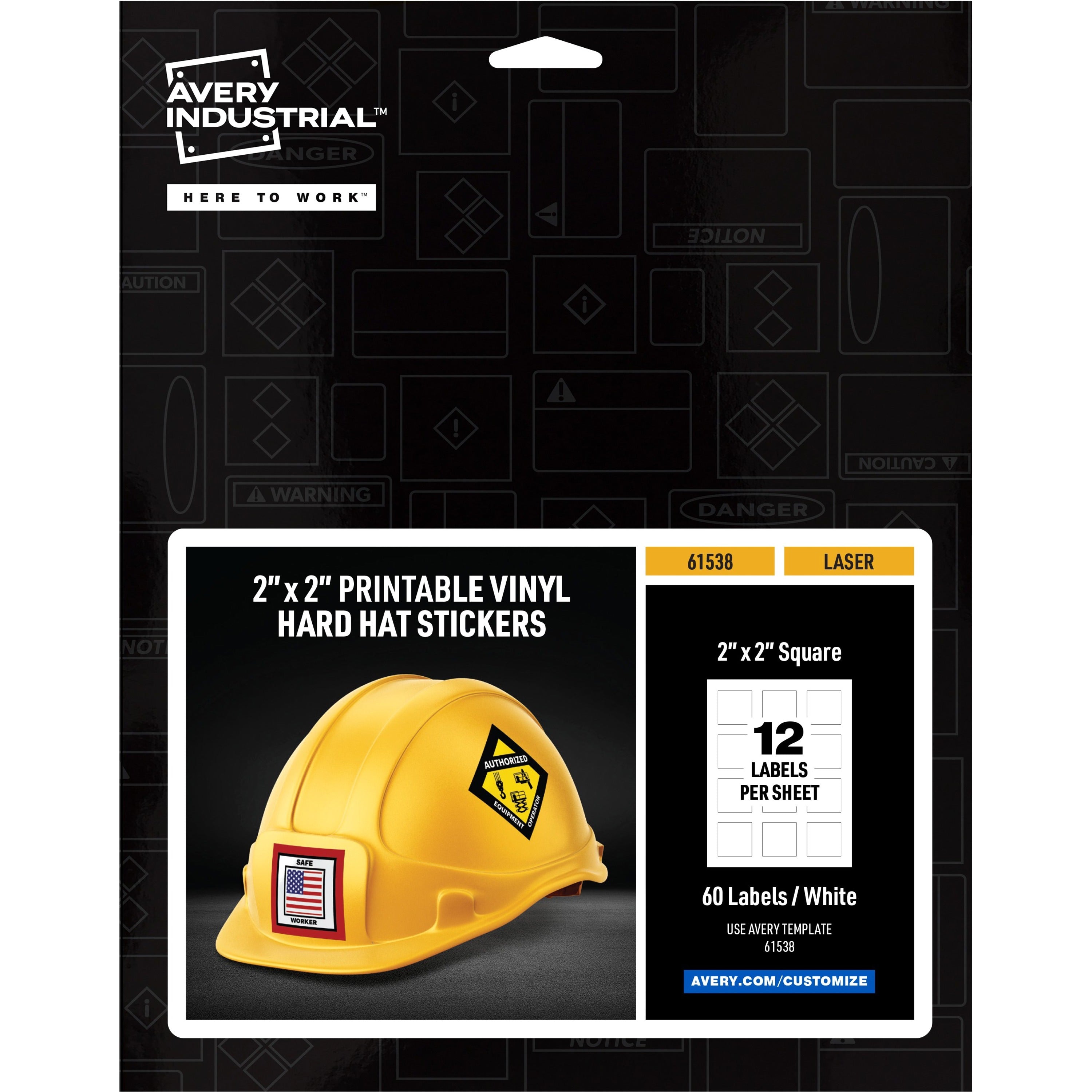 Avery Printable Hard Hat/Helmet Vinyl Stickers - Square Shape - Full-Bleed Design - Printable, Water Proof, Fade Resistant, UV Coated, Permanent Adhesive, Water Resistant, Durable, Chemical Resistant, Abrasion Resistant - 2" Height x 2" Width - - 1