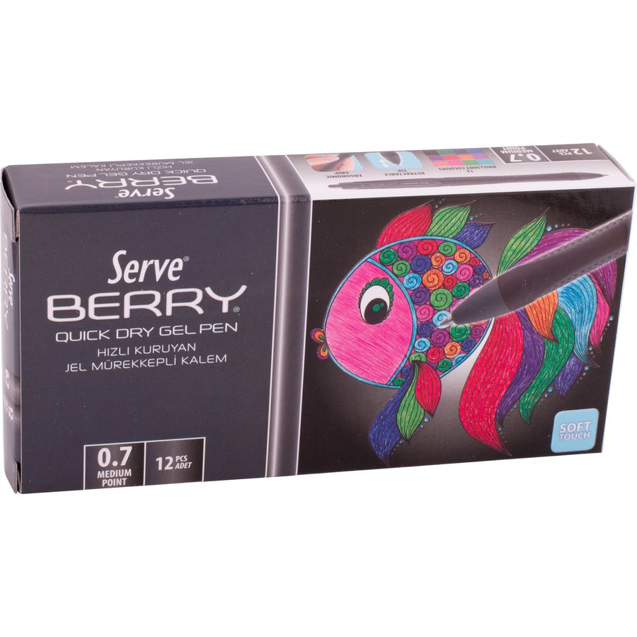 serve-berry-quick-dry-gel-ink-pen-medium-pen-point-07-mm-pen-point-size-retractable-black-gel-based-ink-black-barrel-1-each_srvbrgel0712sy - 2