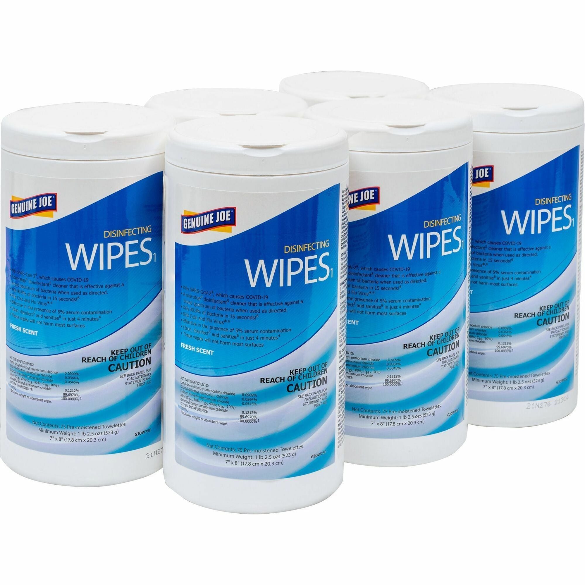 Genuine Joe Disinfecting Wipes - Ready-To-Use - Fresh Citrus Scent - 8" Length x 7" Width - 75 / Tub - 6 / Carton - Pre-moistened, Strong, Absorbent - White - 1