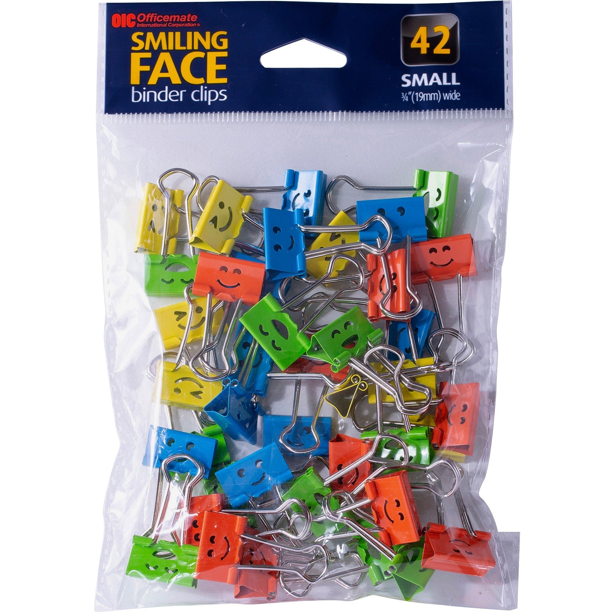 officemate-smiling-faces-binder-clips-small-29-length-x-08-width-038-size-capacity-foldable-removable-handle-42-bag-green-red-white-yellow_oic31090 - 1