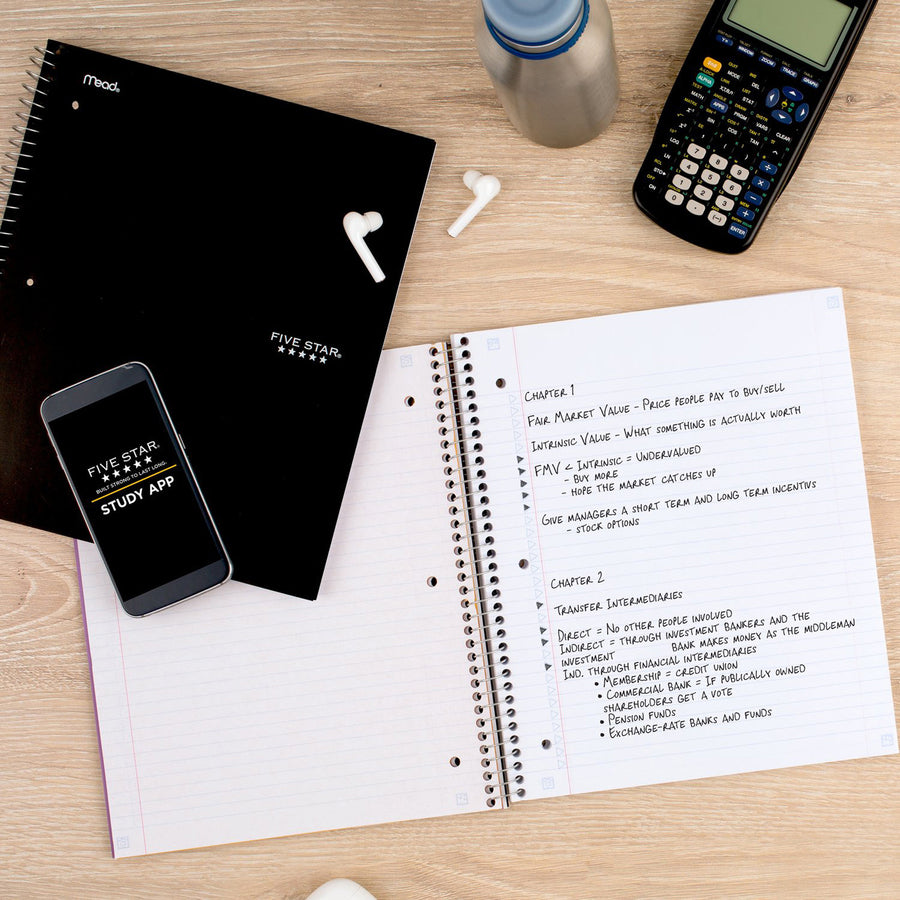 five-star-notebook-5-subjects-200-sheets-wire-bound-college-ruled-3-holes-letter-8-1-2-x-11-black-cover-bleed-resistant-pocket-perforated-water-resistant-spiral-lock-acid-free-pocket-divider-1-each_mea72081 - 2